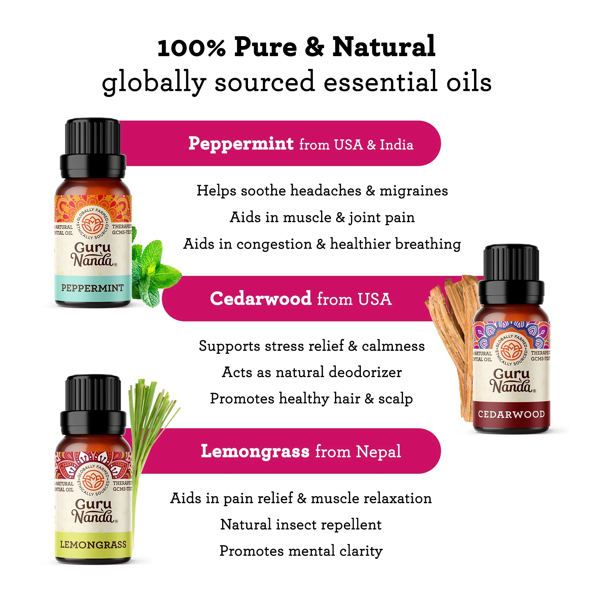 GuruNanda 100% Pure Essential Oils - Aromatherapy Singles - Variety of Scents - Set of 6