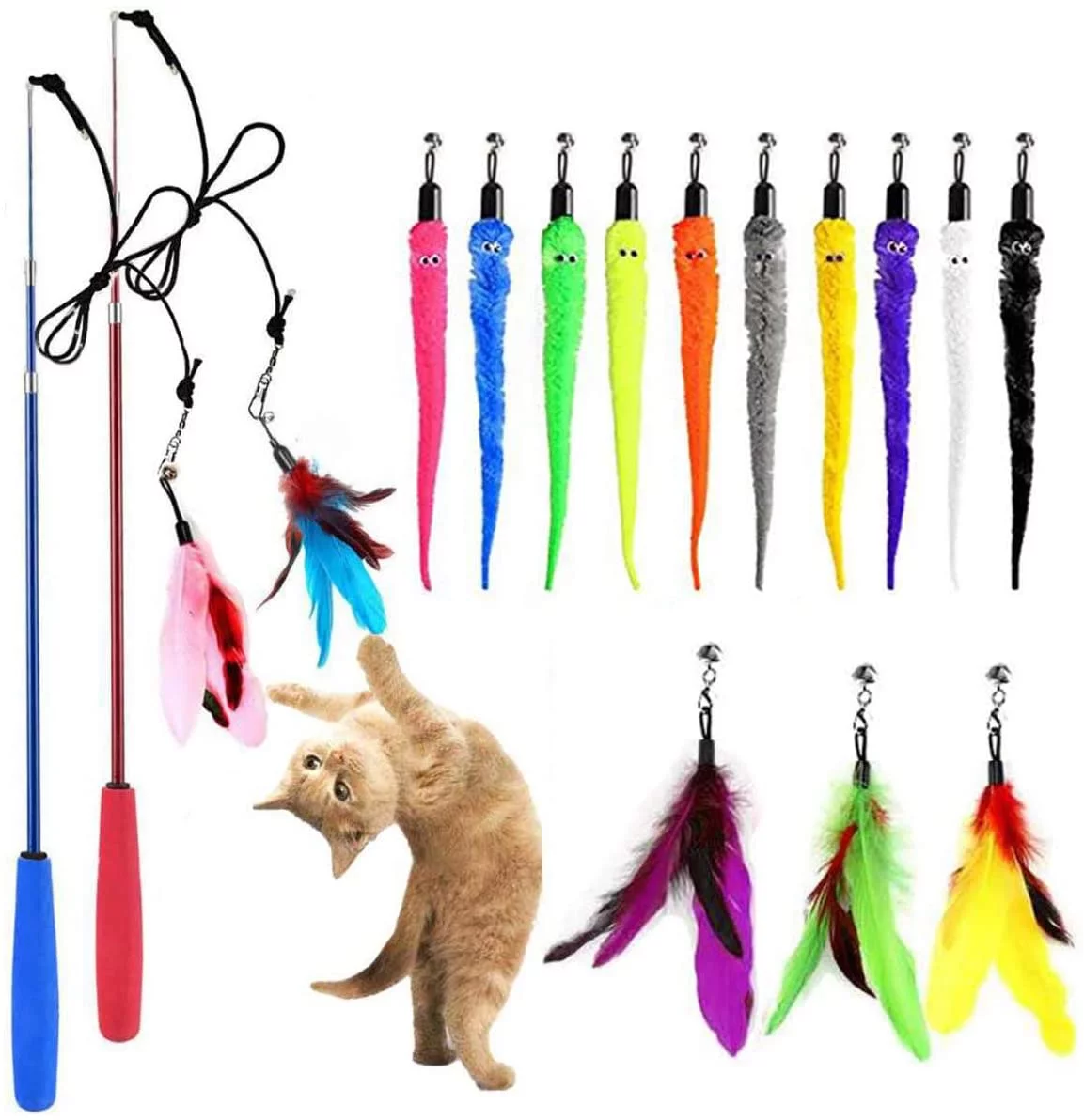 OODOSI Cat Toy Wand, Retractable Cat Feather Toys and Replacement Refills with Bells, Interactive Cat Toys for Cat Kitten Exercise ColorA