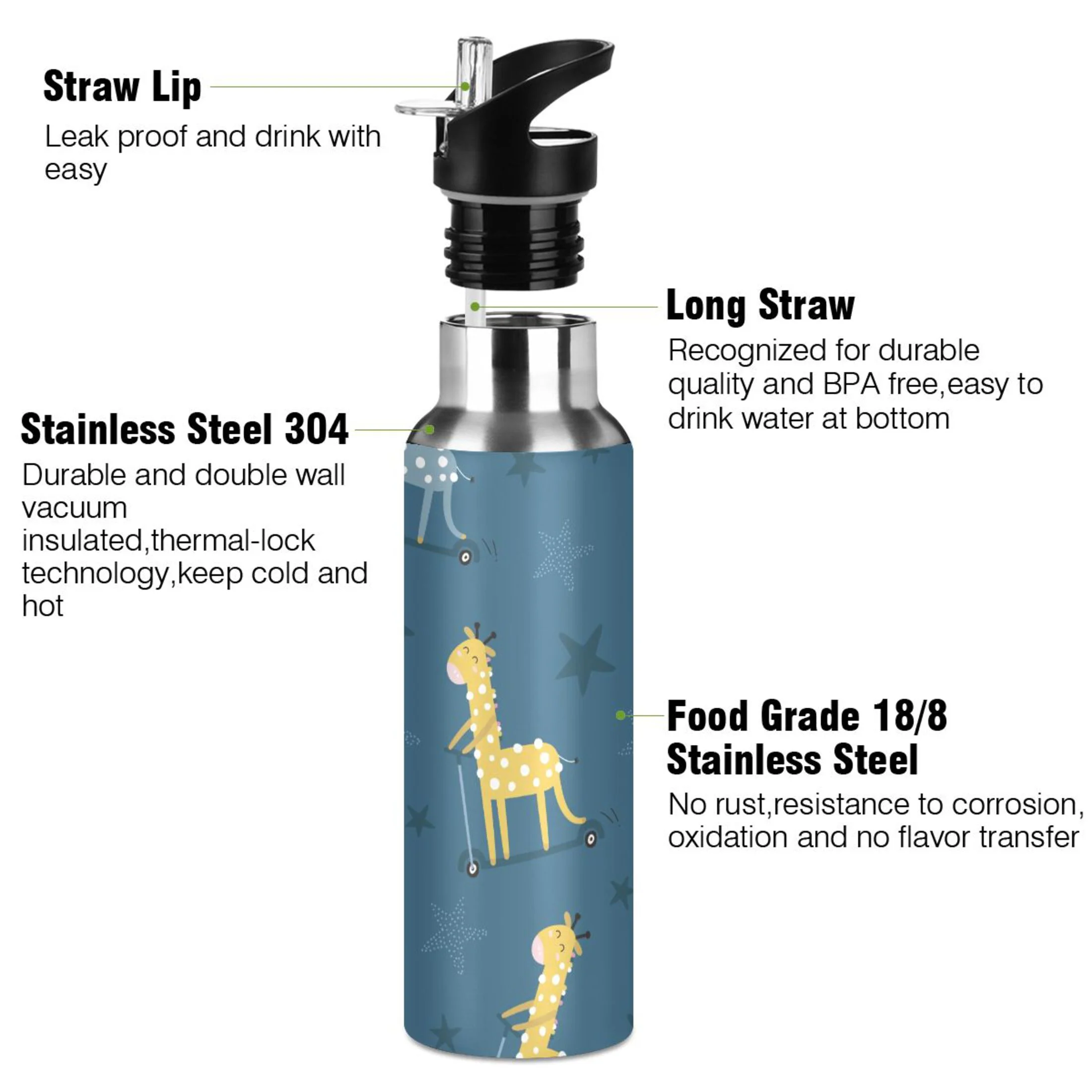 Water Bottle with Straw Lid Leak Cute Giraffe on Scooter Stainless Steel Insulated Thermos Vacuum Flask for Cold Hot Drinking for Sports Camping Gym Yoga