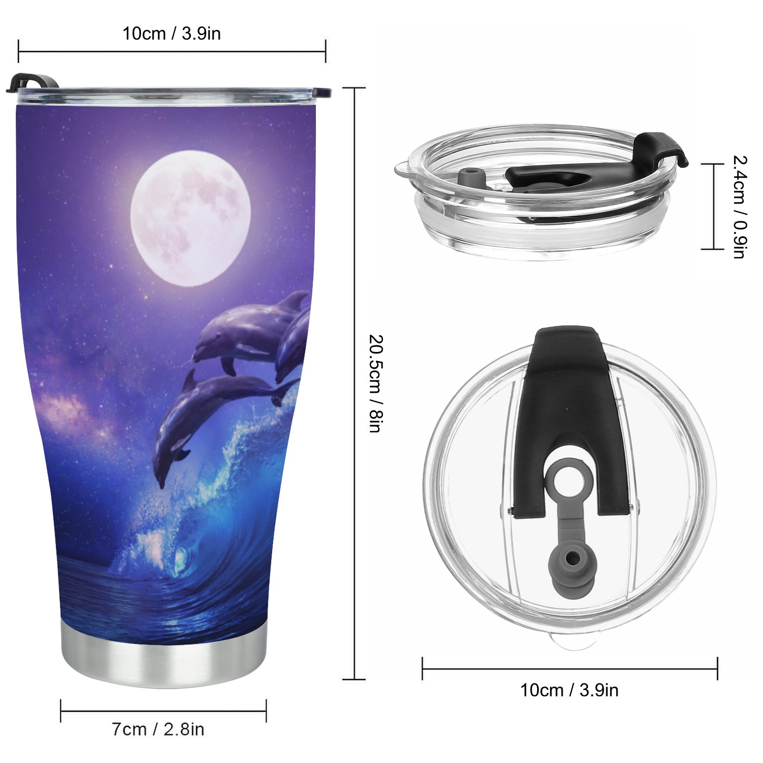 Hidove Stainless Steel Tumbler, Night Ocean with Three Playful Dolphins 30oz Leak Proof & Stainless Steel Bottle for Hot & Cold Drinks - Coffee Travel Mug, Water Metal Canteen, Thermal Cup