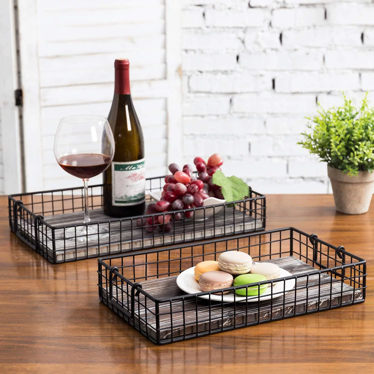 MyGift Set-of-2 Black Metal Wire Serving Trays Baskets with Torched Wood Base and Handles