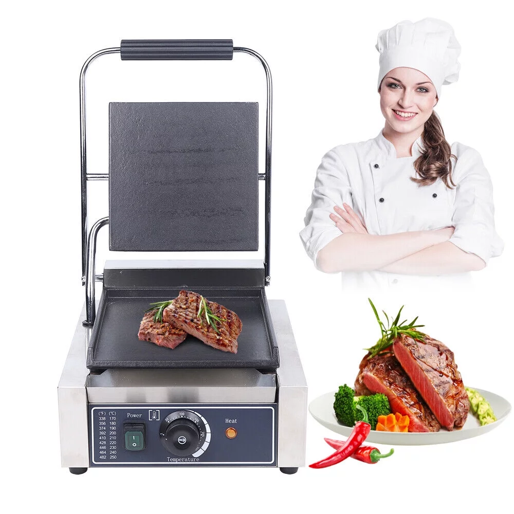 1800W Single Panini Sandwich Press Grill Smooth Flat Surface Restaurant Cafe Pancake Machine 110V 50-300℃ (122-572℉)