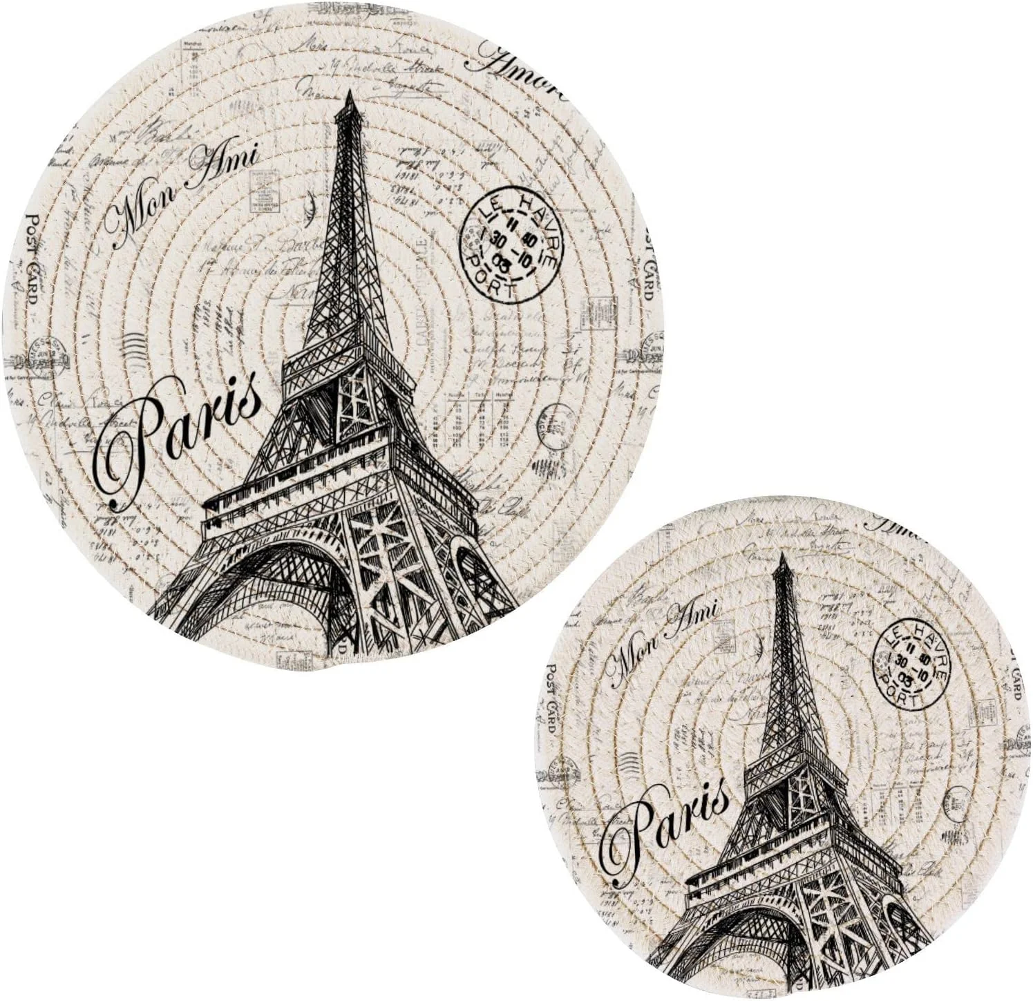 GZHJMY Eiffel Tower Heat Resistant Trivets Potholders 2PCS, Round Cotton Weave Handmade Pot Holder, Non-Slip Hot Mats Kitchen Dining Plate Mat100 for Kitchen Pans Bowl Teapot