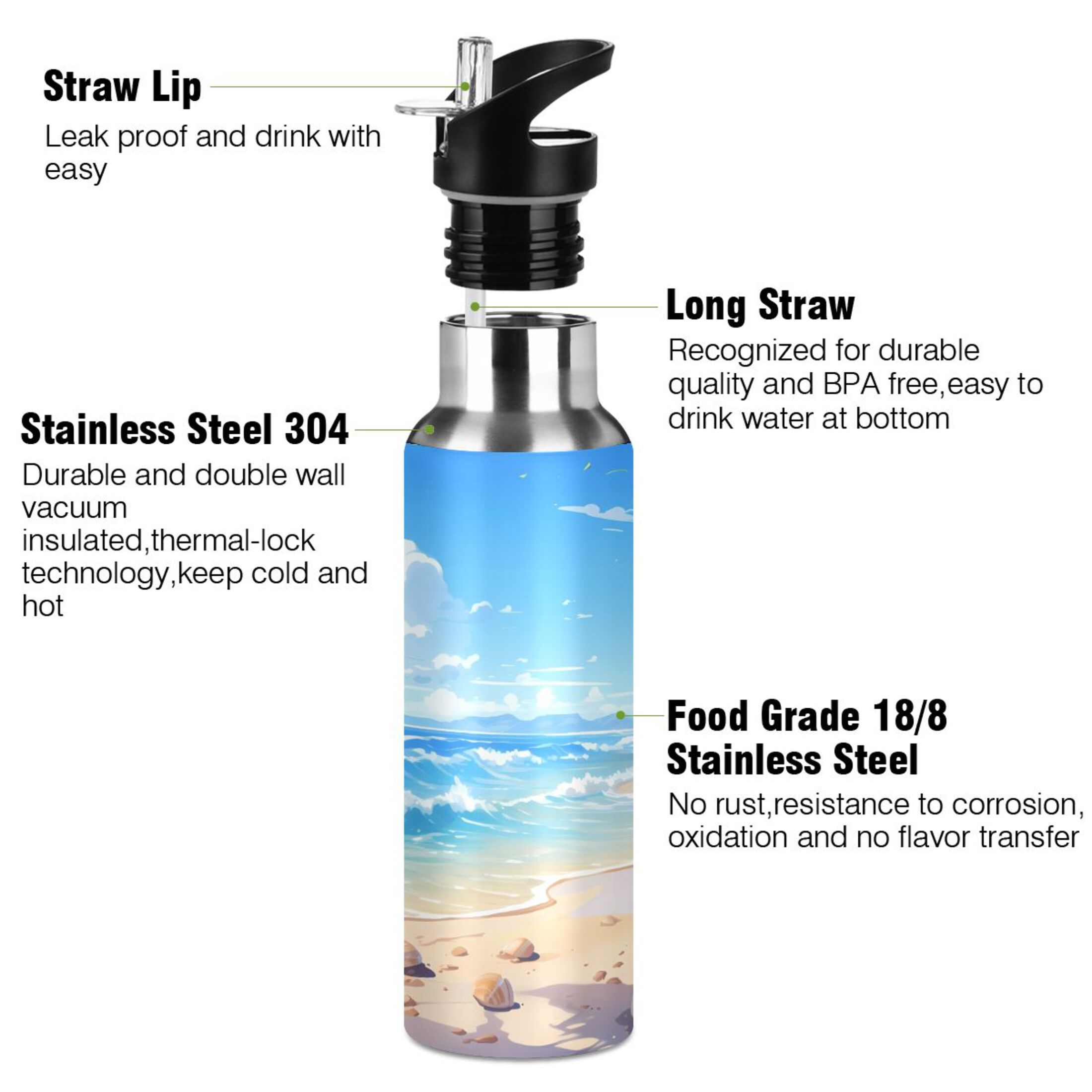 Blue Sky and Beach Water Bottles Insulated Thermos Kids Stainless Steel Bottle with Straw Lid Flask Leakproof for Sports Gym 20 oz