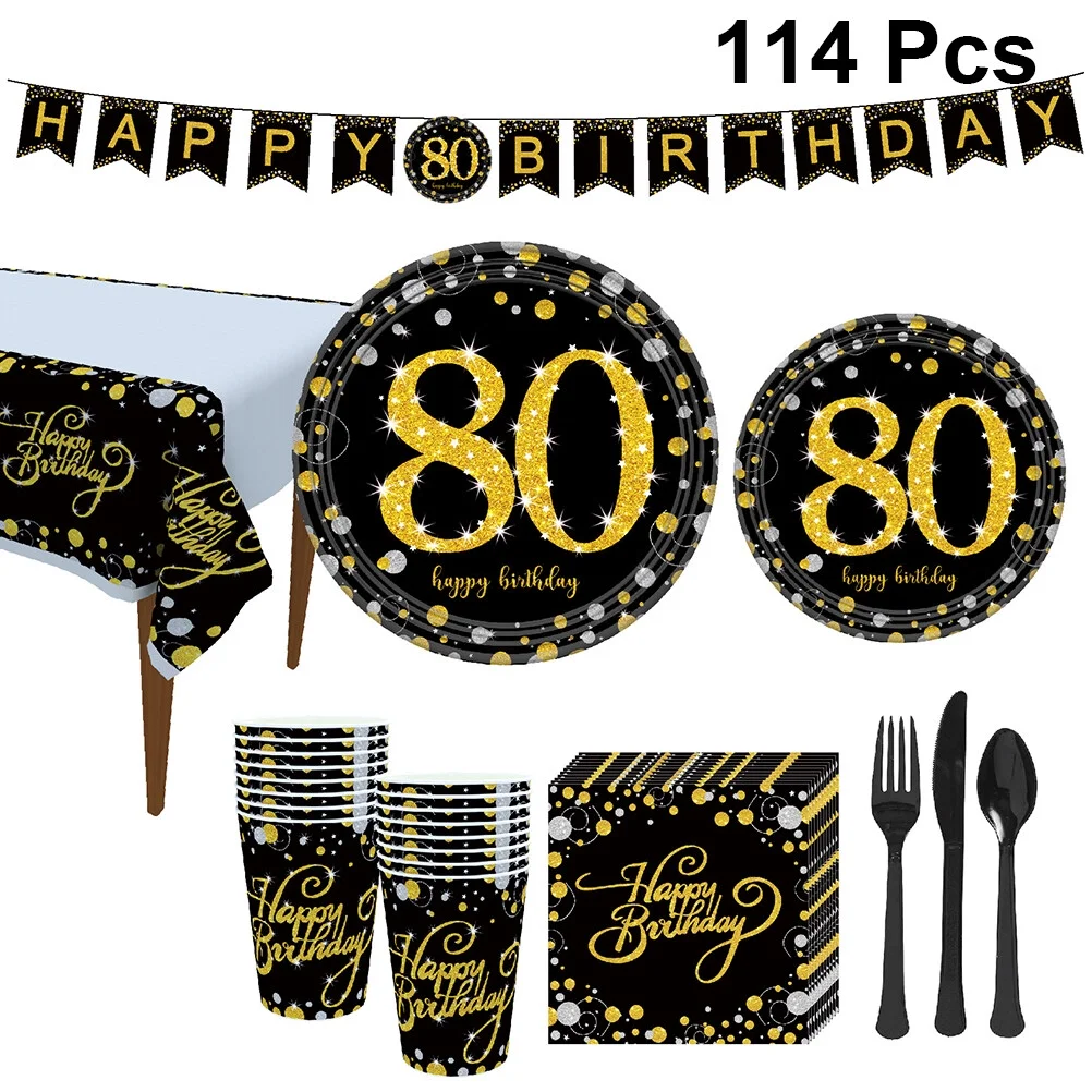 NUOLUX Birthday 80Th Party Banner Happy Tableware Set 80 Paper Plate Garland Napkins Supplies Favors