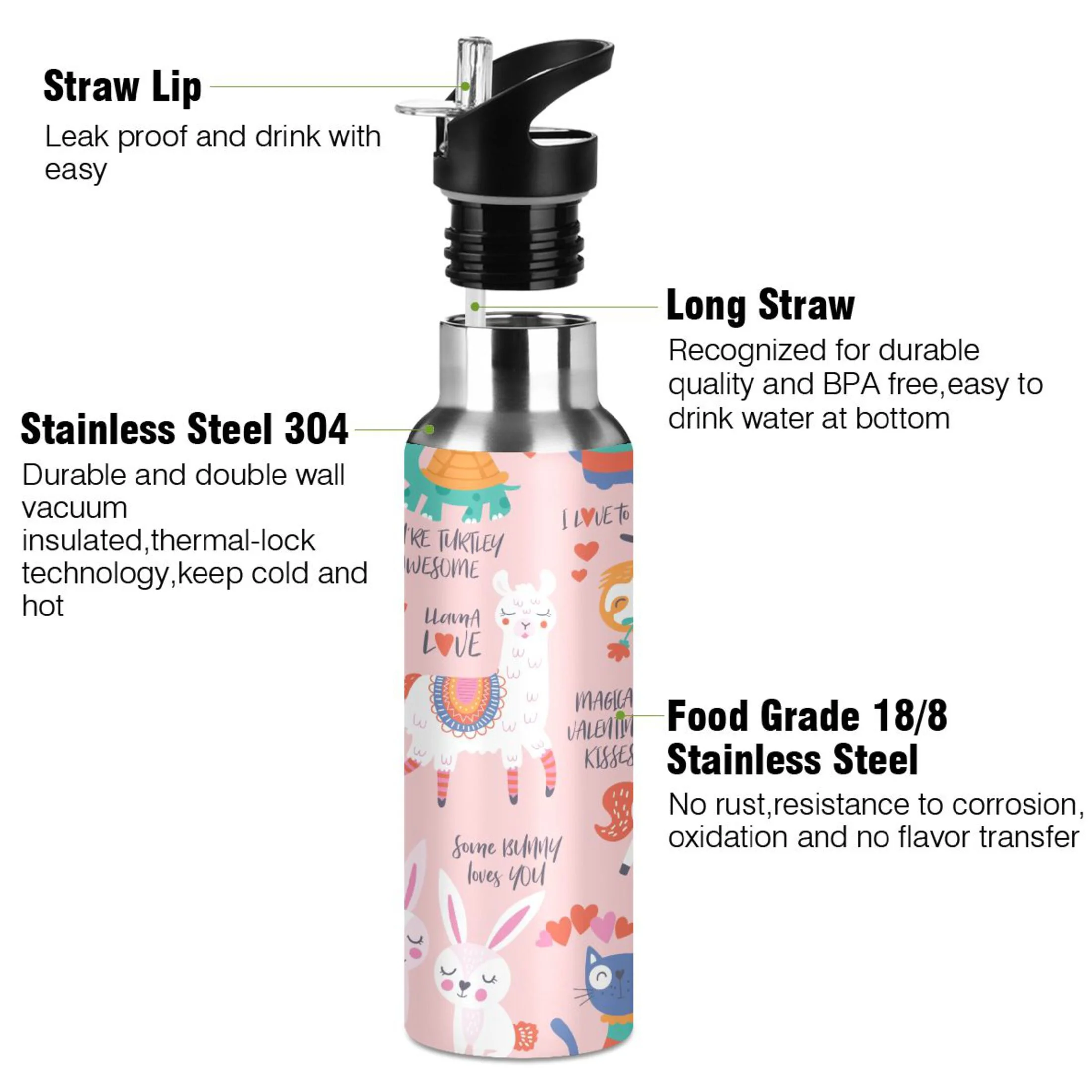 Water Bottle with Straw Lid Leak Forest Animal Alpaca Dinosaur Pink Stainless Steel Insulated Thermos Vacuum Flask for Cold Hot Drinking for Sports Camping Gym Yoga