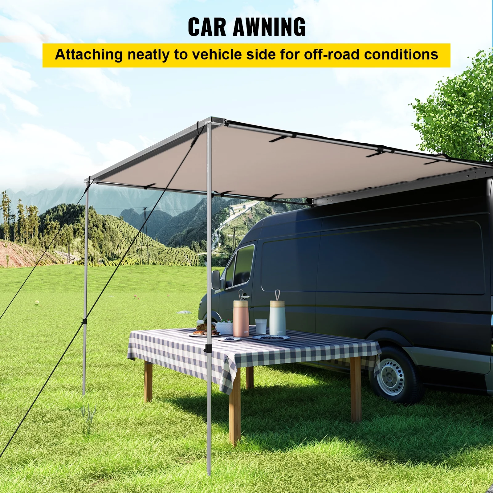 VEVOR Car Side Awning, 7.6'x8.2', Pull-Out Retractable Vehicle Awning Waterproof UV50+, Telescoping Poles Trailer Sunshade Rooftop Tent w/ Carry Bag for Jeep/SUV/Truck/Van Outdoor Camping Travel, Sand