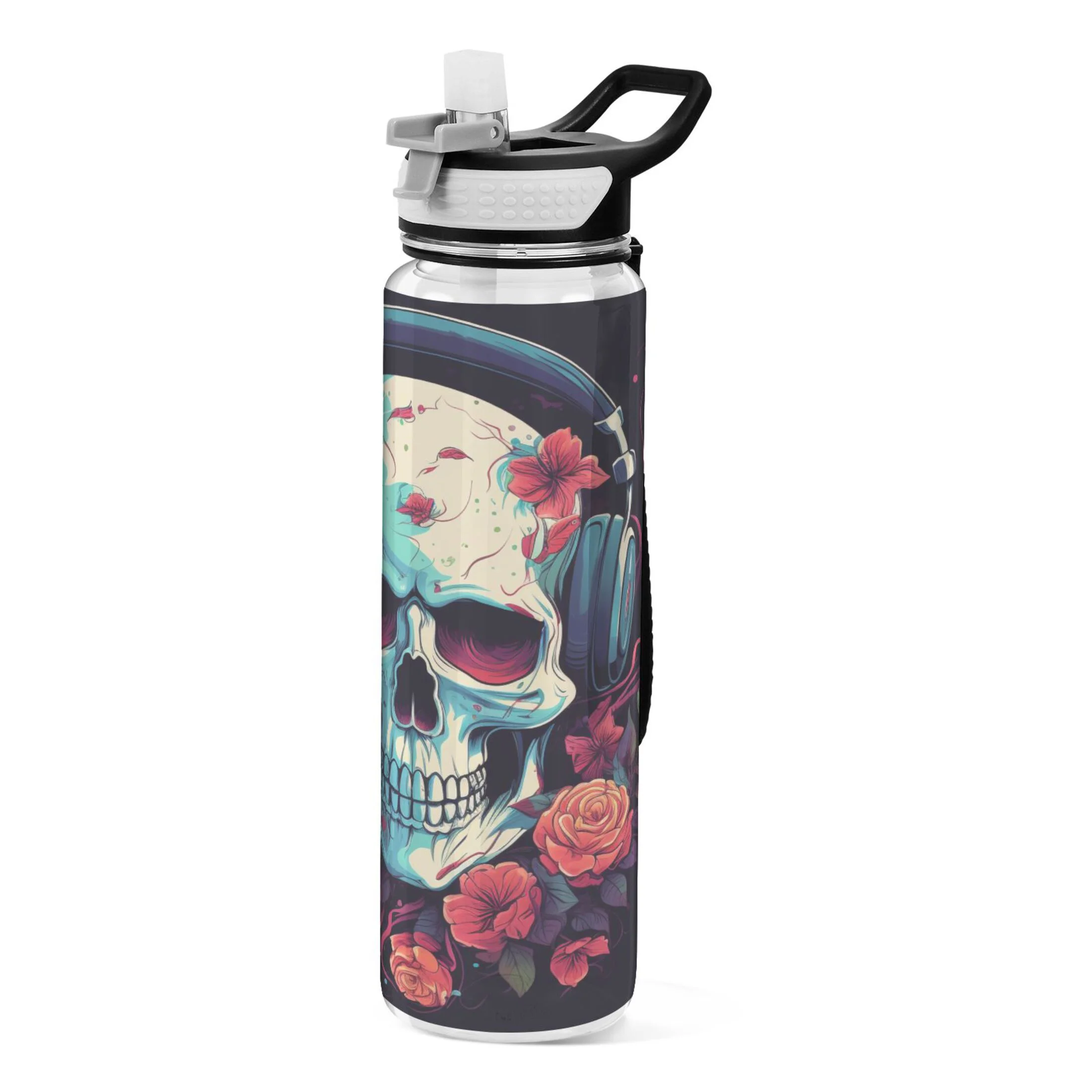 Magic Skeleton with Floral Listening 32oz Sports Water Bottles Leakproof Tritan Bottle with Straw BPA Free Clear Bottle for Fitness Gym Outdoor Cycling