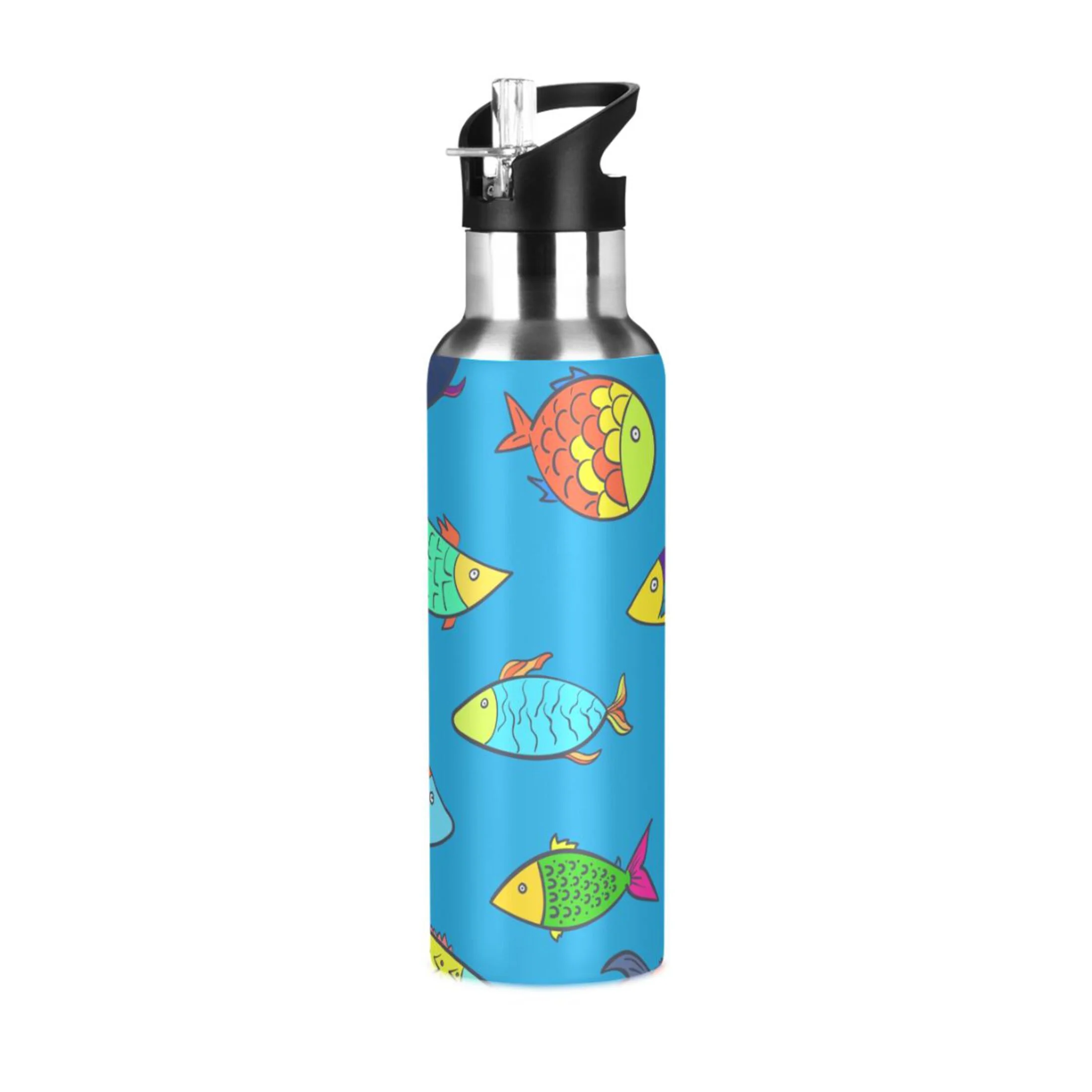 Water Bottle with Straw Lid Leak Cute Kids Pattern with Color Cartoon Fishes Stainless Steel Insulated Thermos Vacuum Flask for Cold Hot Drinking for Sports Camping Gym Yoga