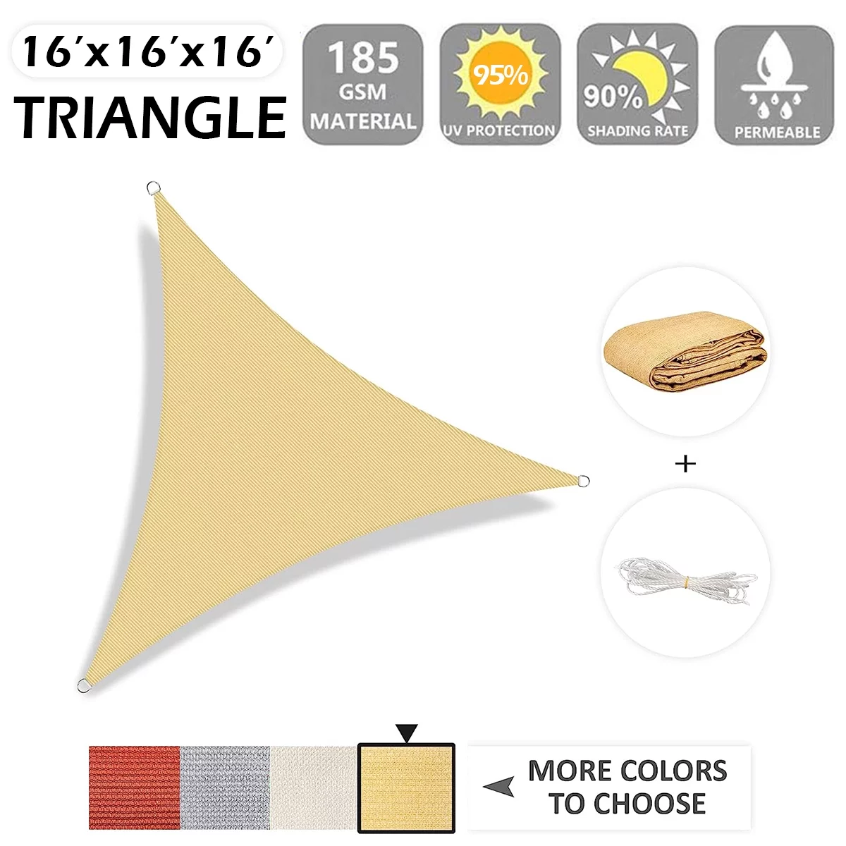 IC ICLOVER 16' x 16' x 16' Sun Shade Sail Canopy Triangle UV Block Sunshade for Outdoor Patio Garden Carport Backyard - Sand