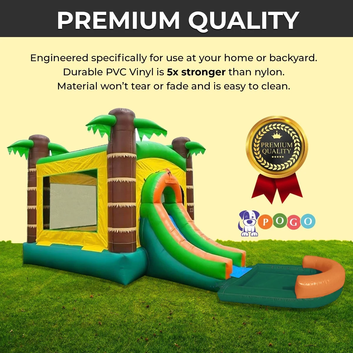 Pogo Bounce House Crossover Bounce House with Slide and Non-removable Splash Pool, Tropical, No Blower