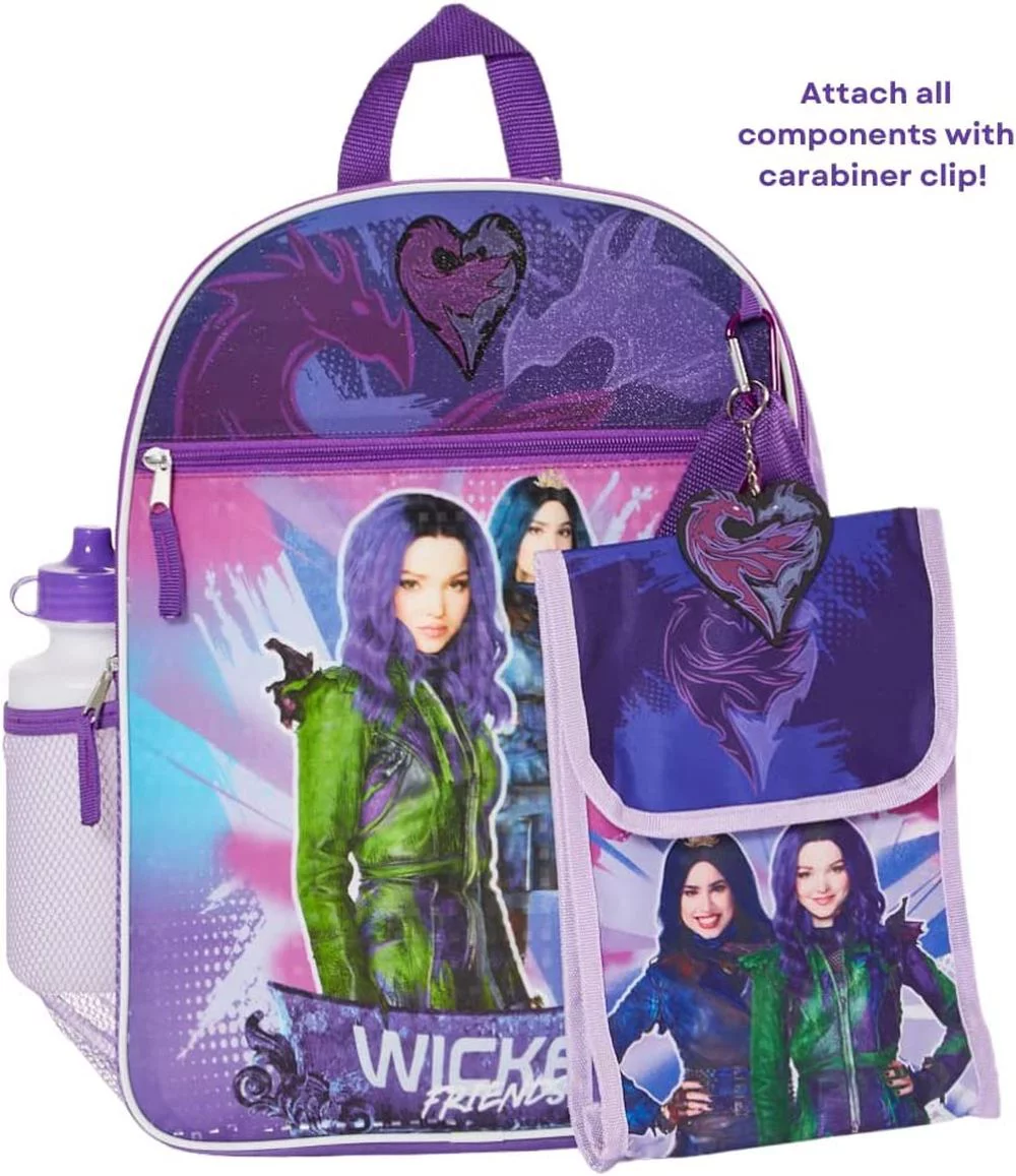 Disney Descendants Girls Backpack with Lunch Bag Water Bottle 5 Piece Set 16 inch