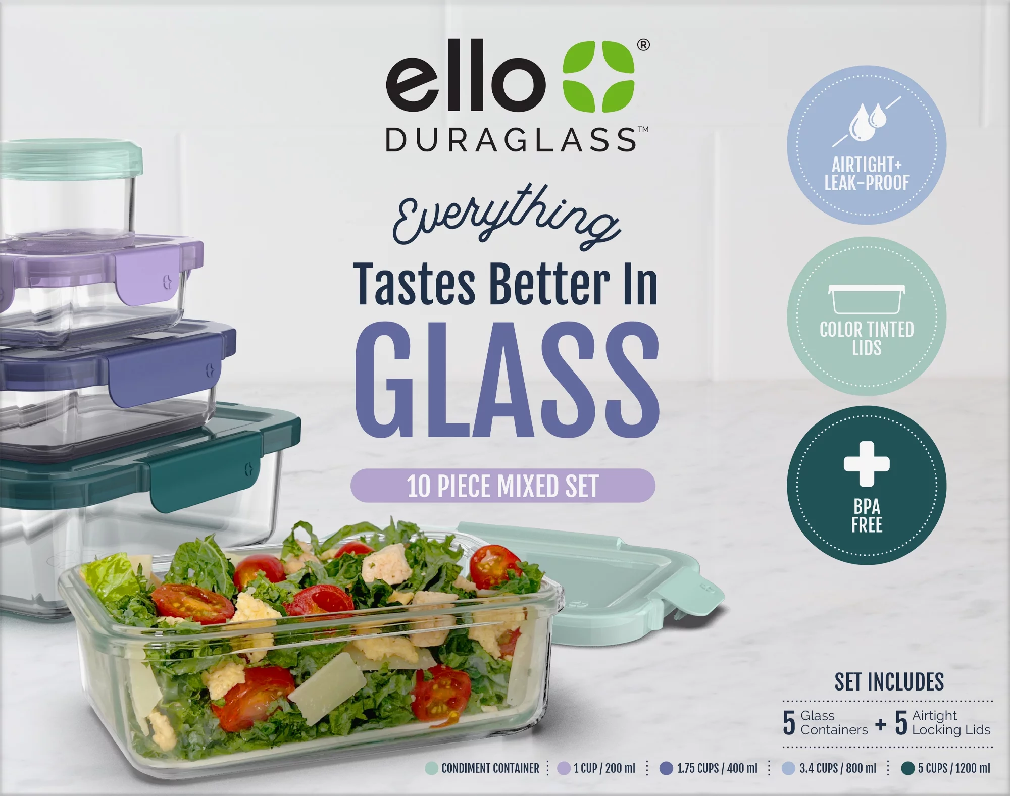 Ello Duraglass Glass Containers and Plastic Lids, 10 Piece Food Storage Containers, Set of 5