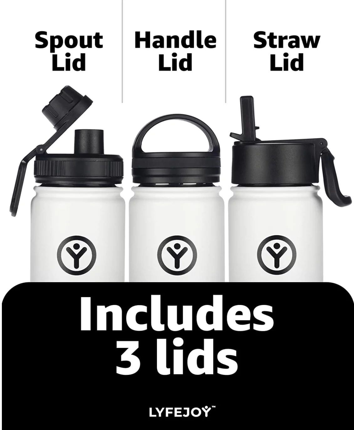 Lyfejoy Double Stainless Steel Insulated 22oz Water Bottle with Included Leak Proof Wide Mouth Lid, Straw Lid and Spout Lid - Vacuum Insulated, Dishwasher Safe, BPA-Free, Non-Toxic
