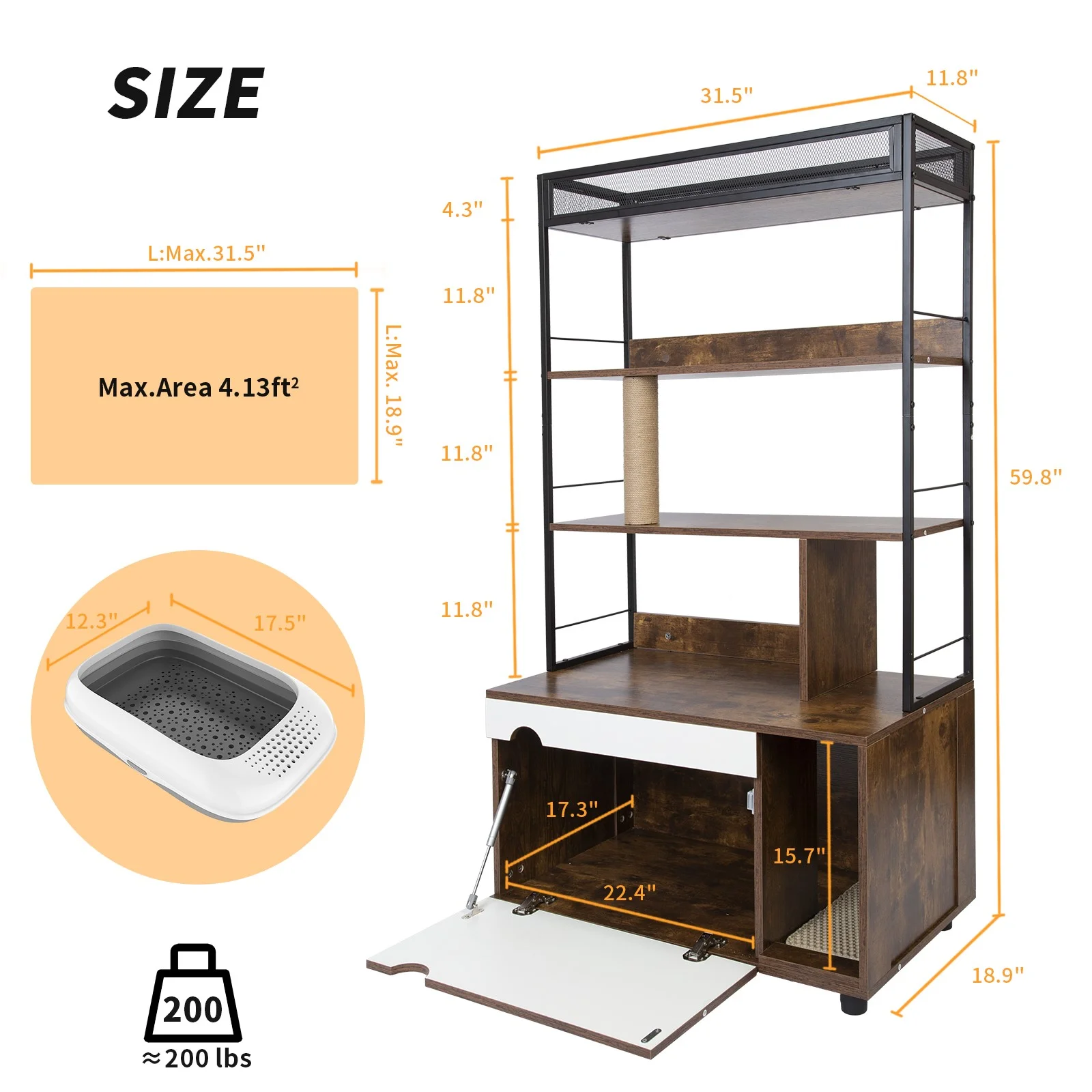 DOICAH Cat Litter Box Enclosure with 3 Tier Shelves,Hidden Litter Box Furniture with Double-Layer Litter Mat,Cat Washroom Storage,Wooden Cat Litter Box Enclosure Furniture,Rusitc Brown