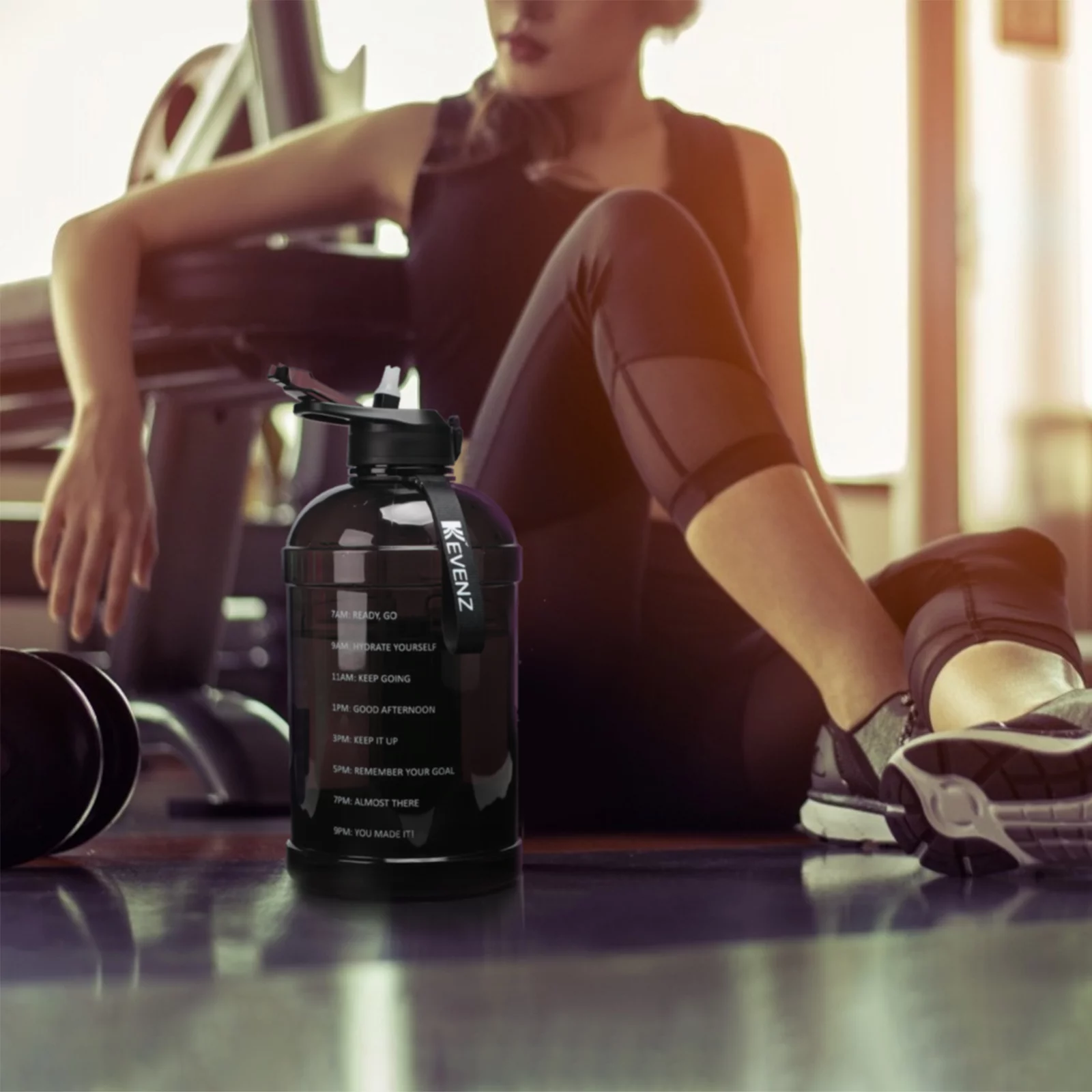 KEVENZ Water Bottle with Time Marker, 1 Gallon Water Bottle with Straw, Leakproof Water Jug, BPA Free, Black