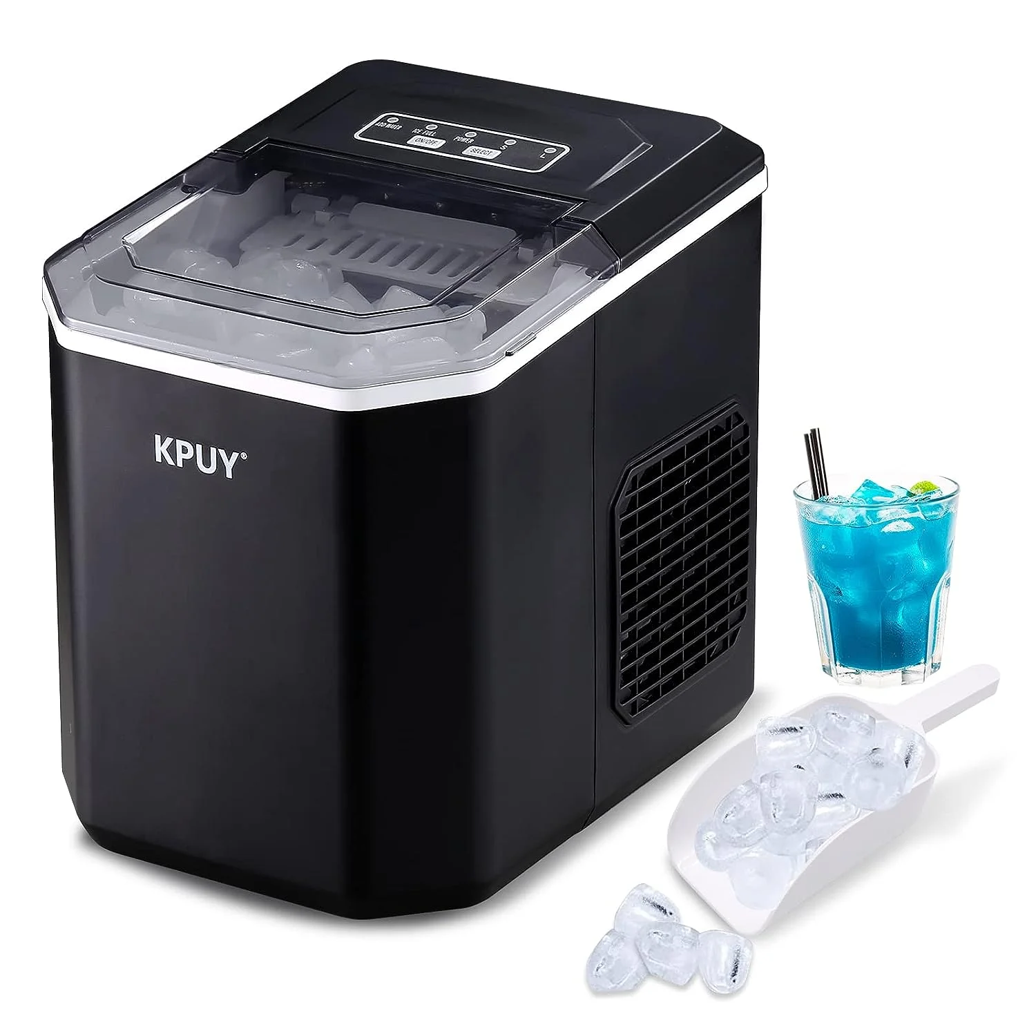 KPUY Countertop Ice Maker，Self-Cleaning Portable Ice Maker Machine with Handle,9 Bullet-Shaped Ice Cubes Ready in 6 Mins,26.5lbs/24Hrs,with Ice Scoop, Basket and Handle,Black