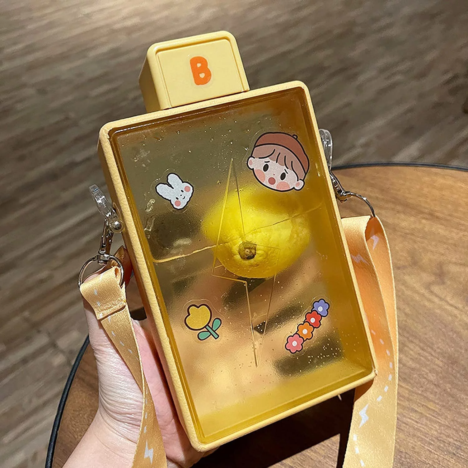 PEXIZUAN Kawaii Water Bottle Square Flat ins Wind Sports Strap Lanyard Water Bottle Cute(Yellow 450ml)