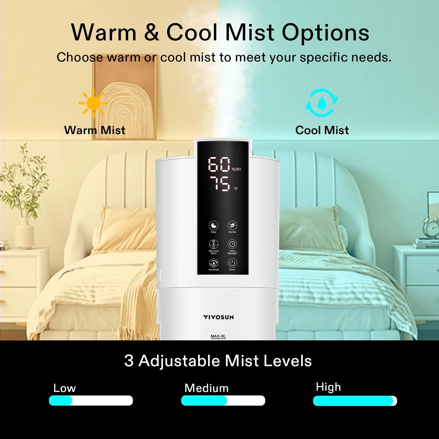 VIVOSUN 9L Air Humidifier, 2-in-1 Top Fill Cool & Warm Mist Humidifier, with Essential Oil Box & Remote Control