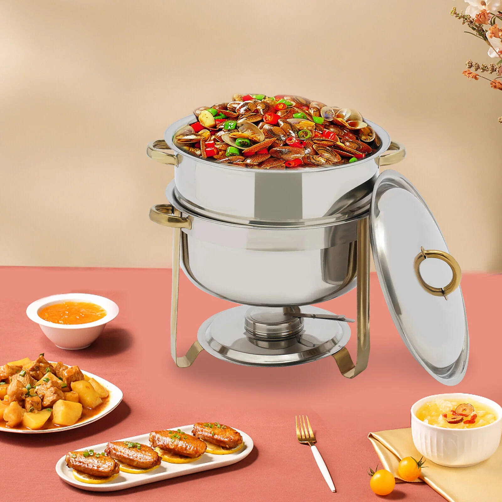 ZhdnBhnos 14.2 Qt. Round Food Chafer Catering Chafing Dish Stainless Steel Deep Soup Pot Buffet Food Warmer with Lid