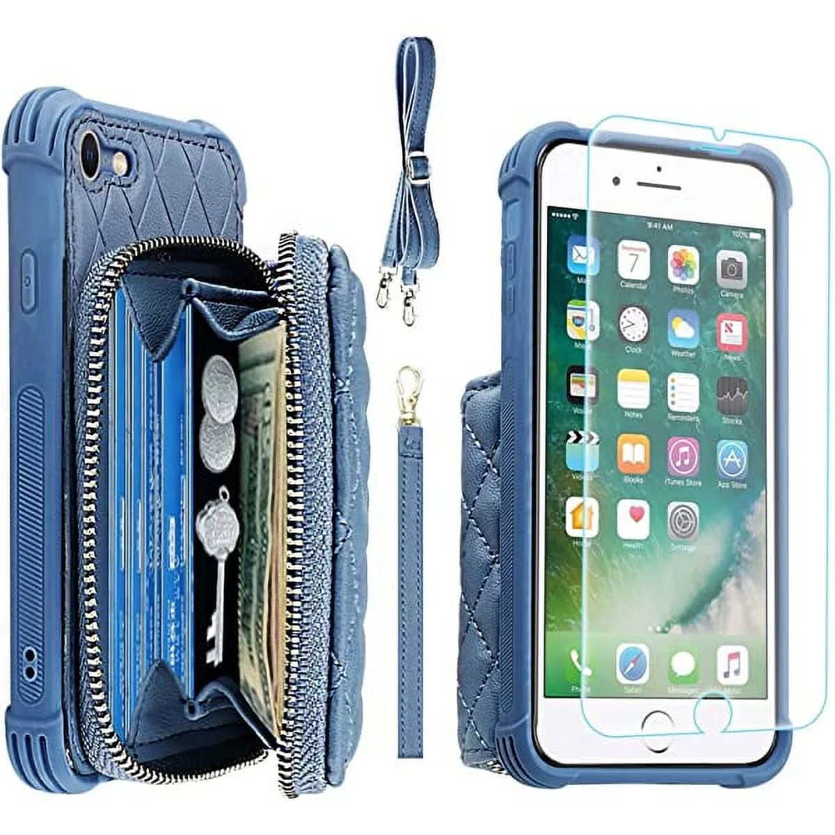 MONASAY Zipper Wallet Case Fit for iPhone SE 2022/2020/8/7, [Glass Screen Protector ][RFID Blocking]Flip Leather Handbag Phone Cover with Card Holder & Crossbody Lanyard Strap