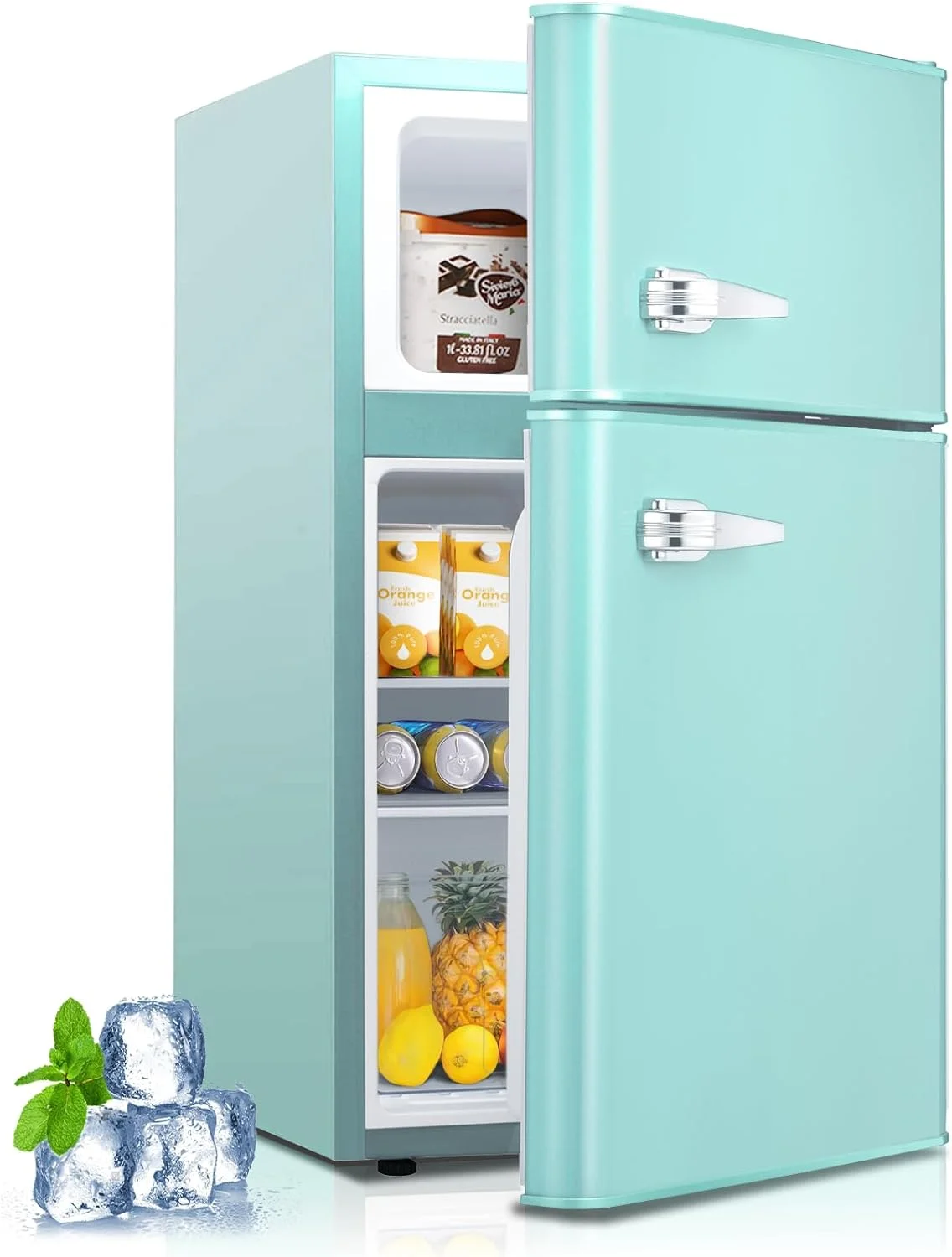 Mini Fridge With Freezer,3.2 Cu.Ft Compact Mini Refrigerator With Double 2 Door,Adjustable Temperature,Full Size For Home,Kitchen,Dorm,Apartment, Green