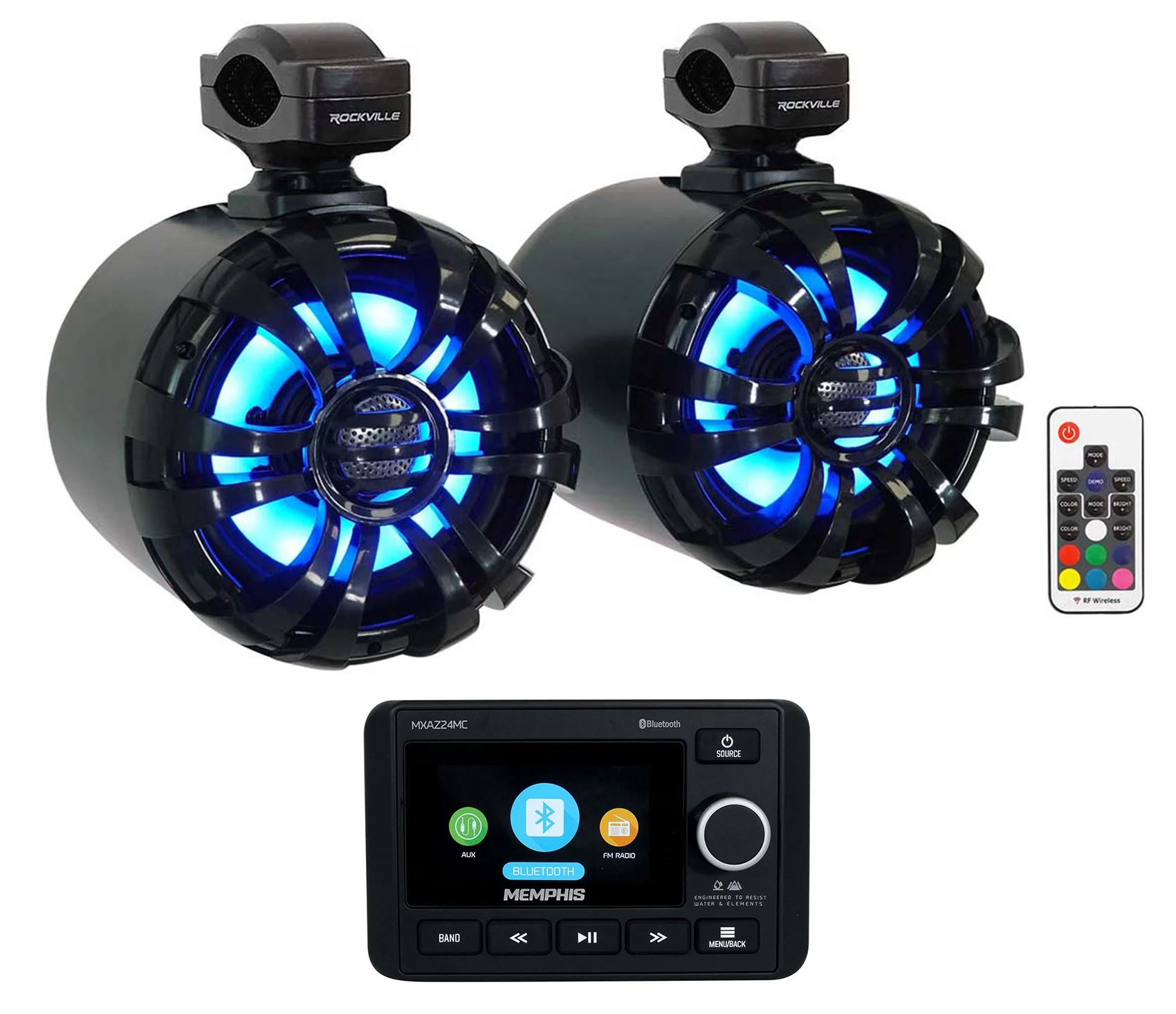 Memphis MXAZ24MC 2-Zone Marine Bluetooth Receiver+Black LED Wakeboard Speakers