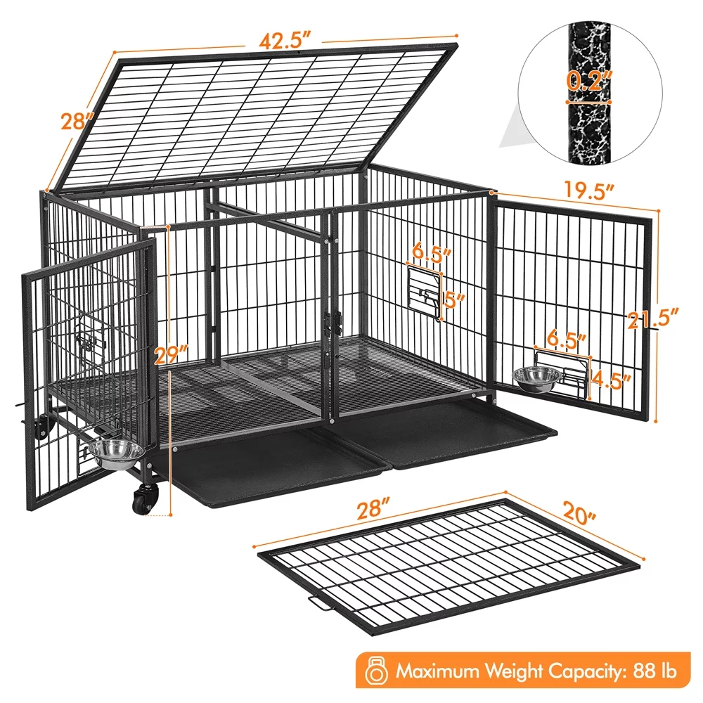 Yaheetech 42.5'' W Rolling Dog Crate W/ Removable Divider, Black