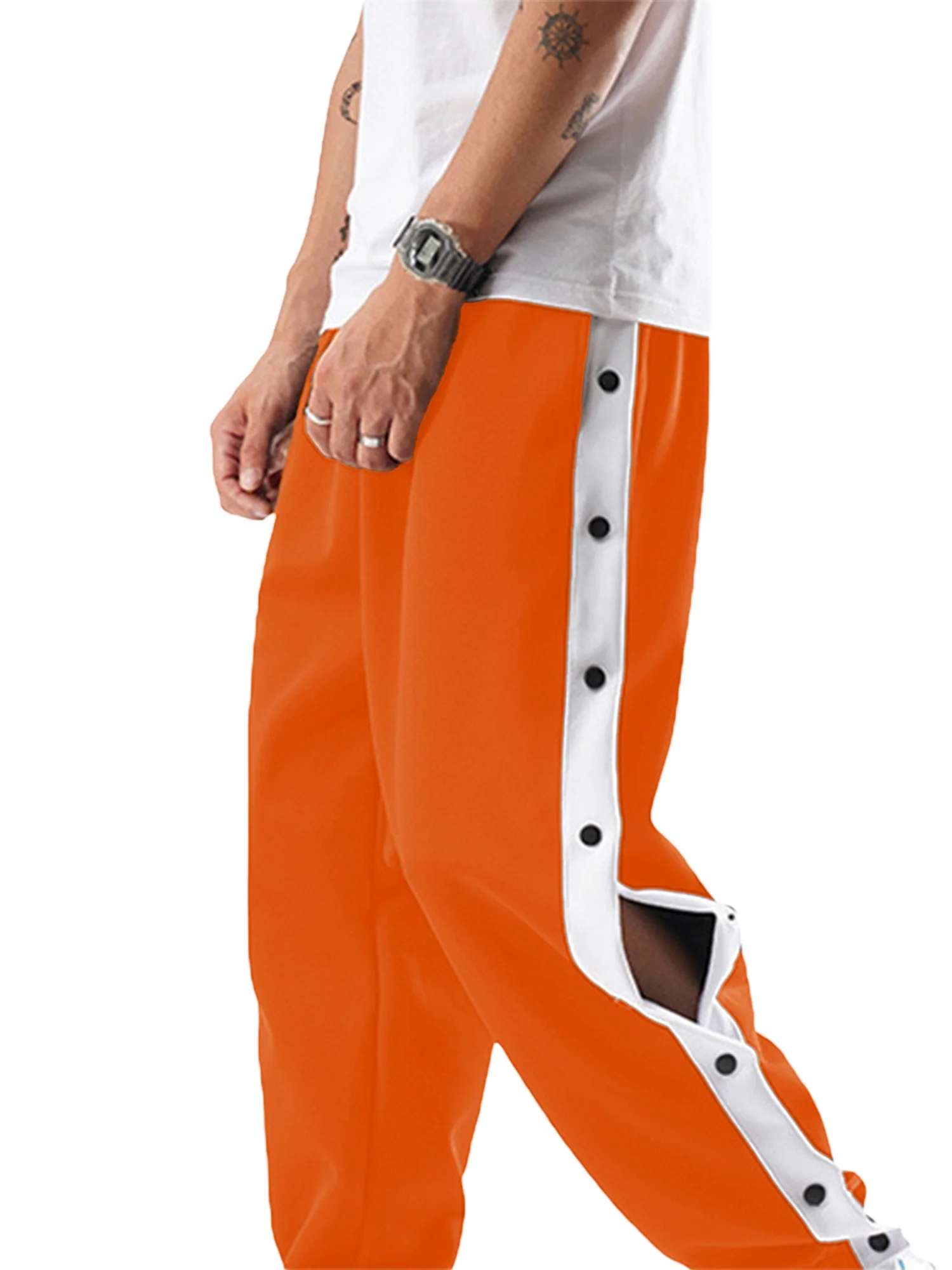 Men's Tear Away Pants, Loose Fit Basketball Pants High Split Snap Button Sweatpants