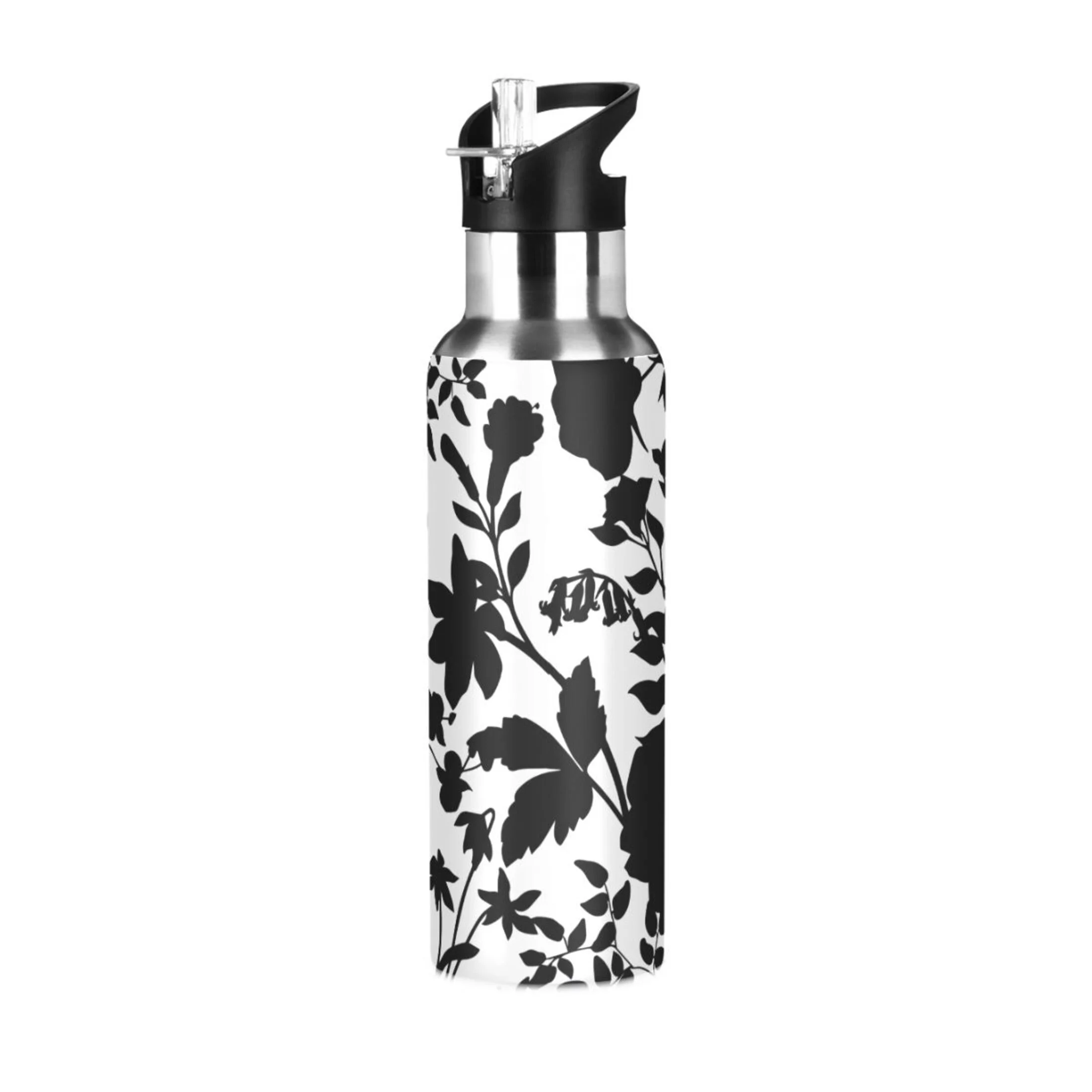 Water Bottle with Straw Lid Leak Black and White Flowers Stainless Steel Insulated Thermos Vacuum Flask for Cold Hot Drinking for Sports Camping Gym Yoga