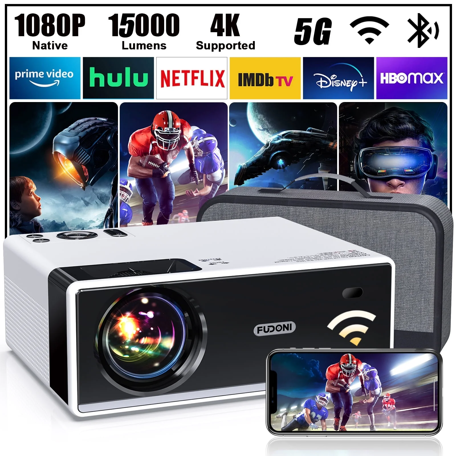 Fudoni WiFi Bluetooth Native 1080P Projector, 10000LM Full HD Movie Projector, LCD 5D Technology 300