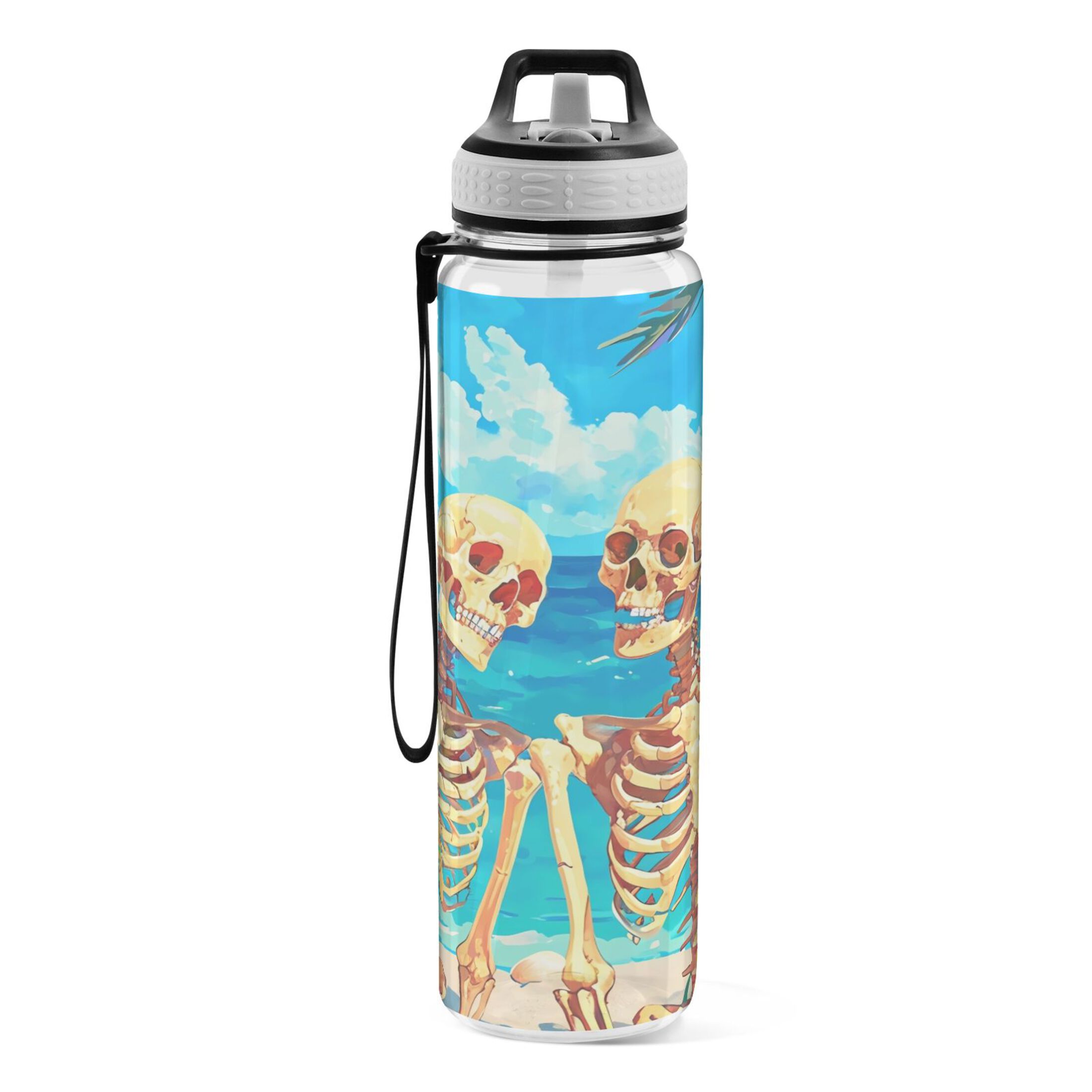 Retro Summer Skeleton 32oz Sports Water Bottles Leakproof Tritan Bottle with Straw BPA Free Clear Bottle for Fitness Gym Outdoor Cycling