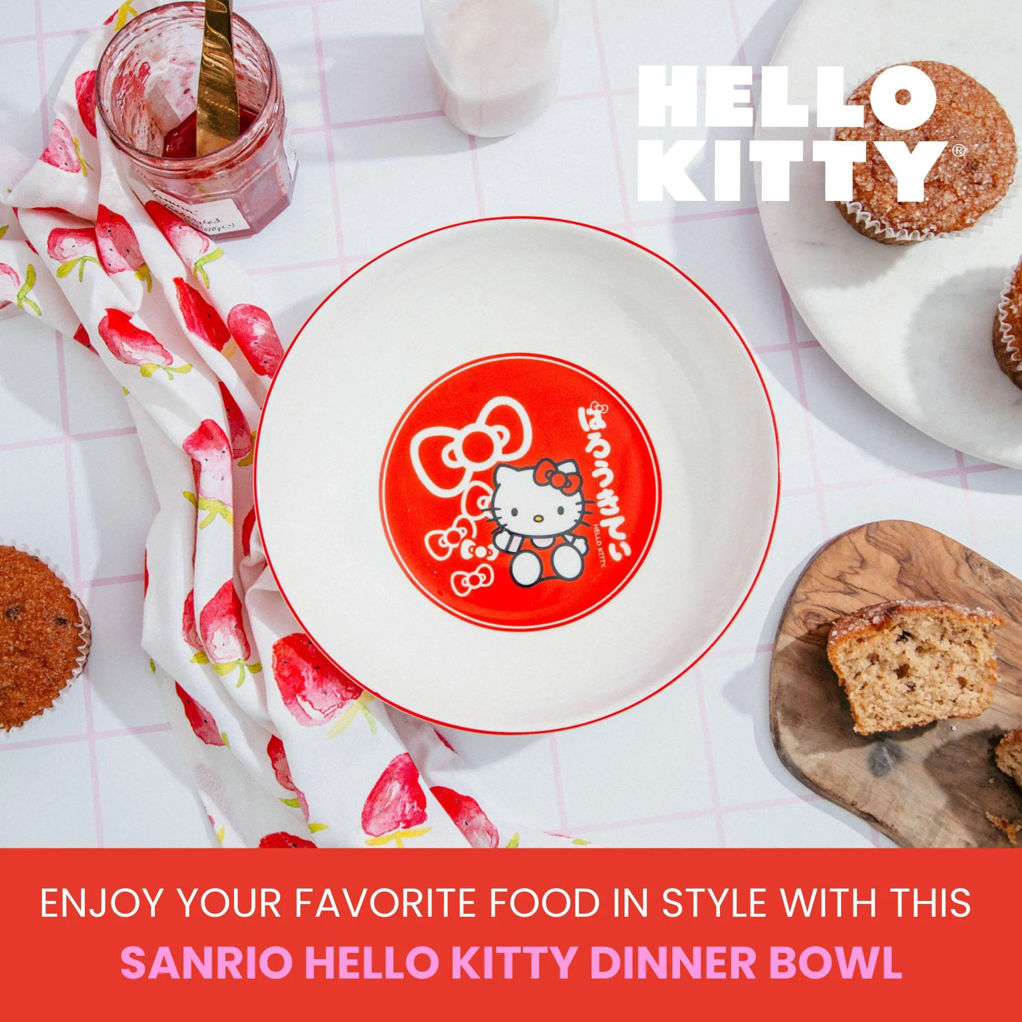 Sanrio Hello Kitty Red Bows 9-Inch Ceramic Coupe Dinner Bowl