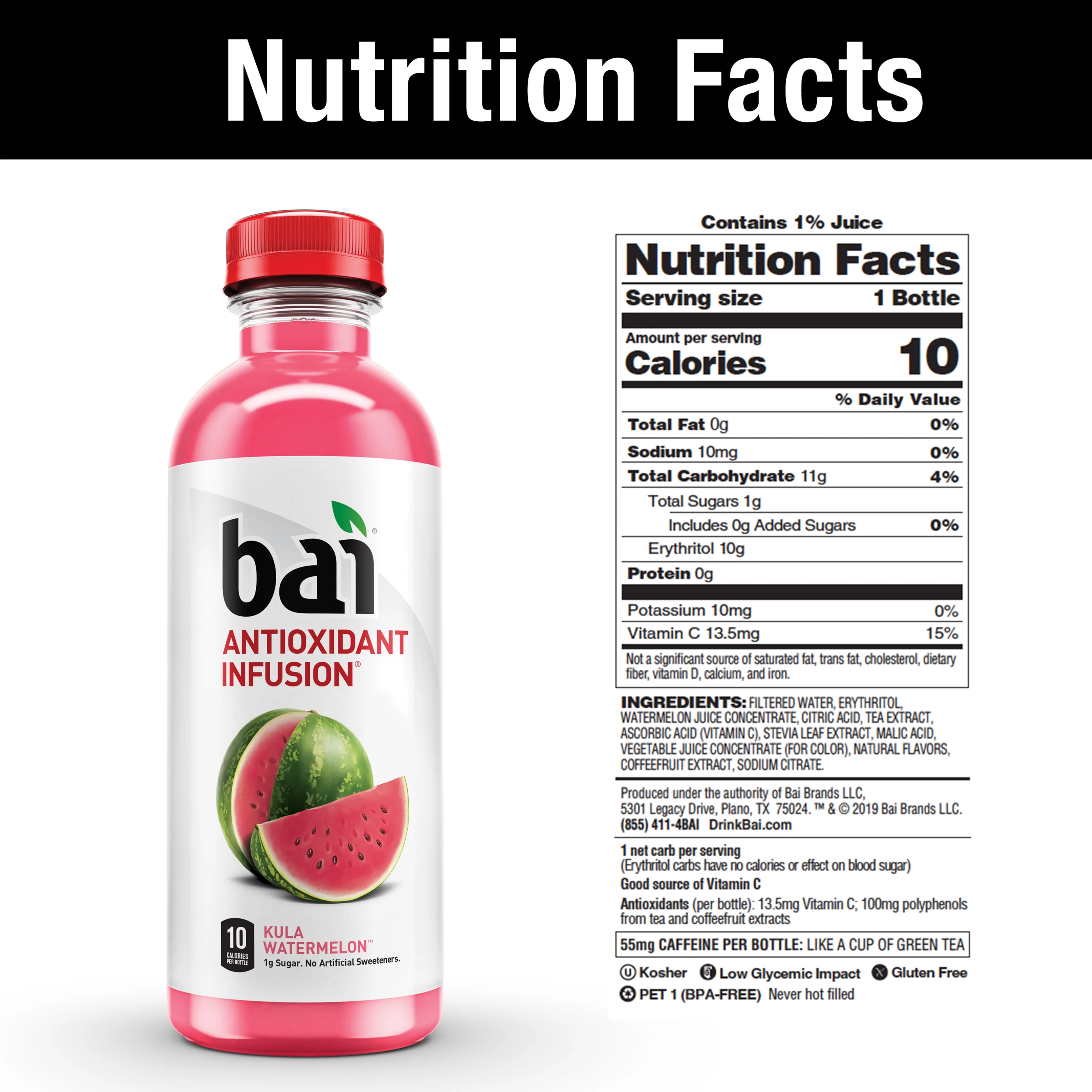 Bai Antioxidant Infused Beverage, Kula Watermelon, 18 Fl Oz, 12 Count