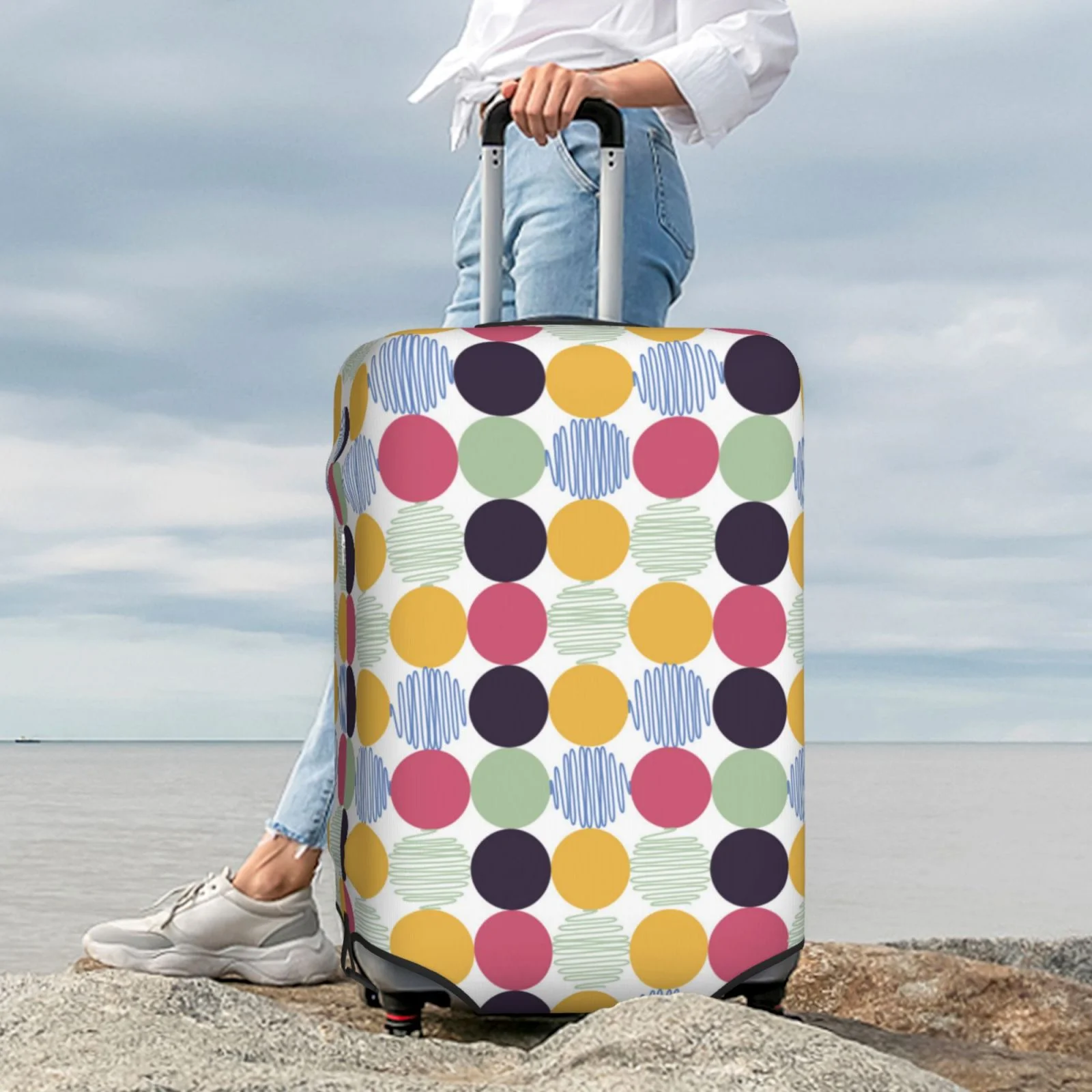 Easygdp Polka Dot Print Elastic and Washable Suitcase Protective Cover with Hidden Zipper Fits 18-32 inch Luggage -Small