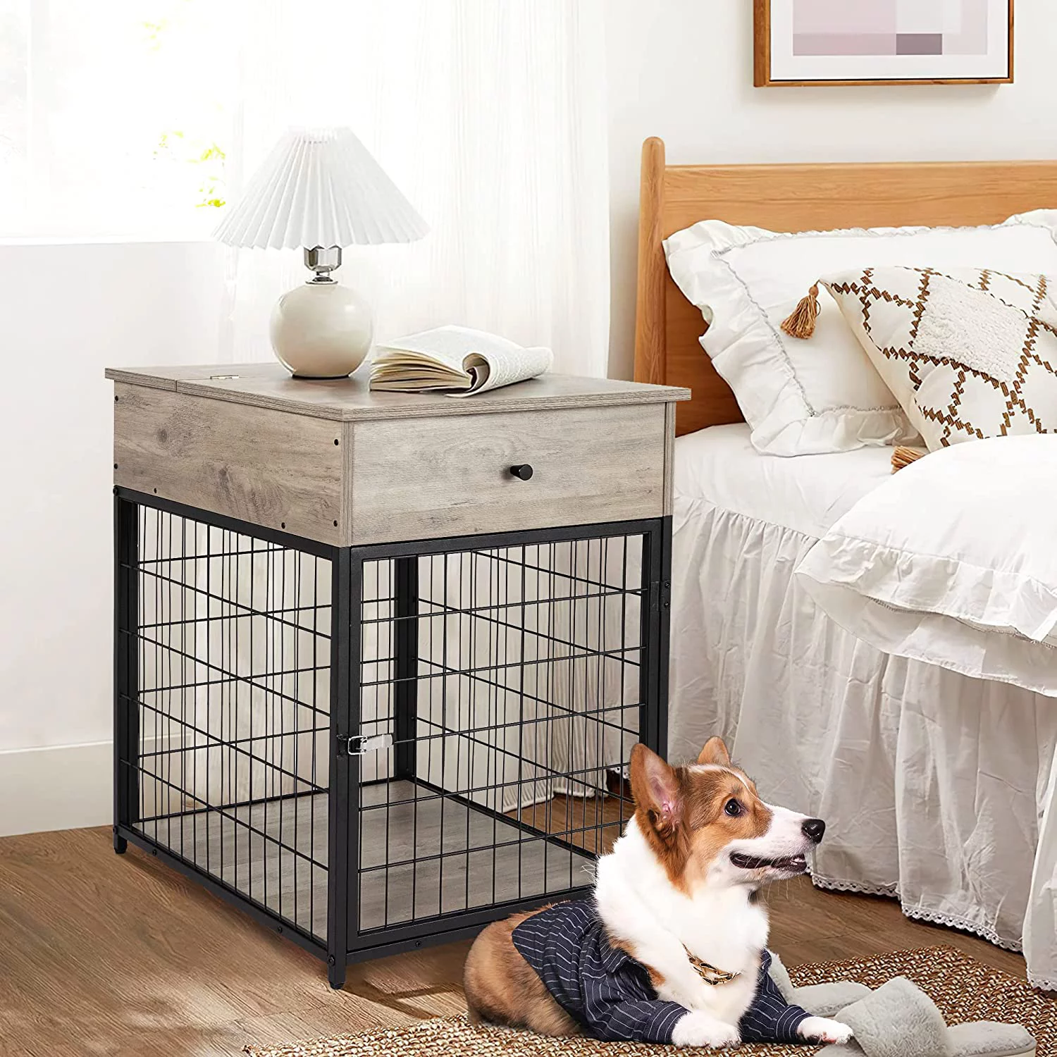 Furniture Dog Crates, Style Wood Dog Kennel End Table with Drawer, Dog House Indoor Use, Chew-Proof,  Wooden Pet Crate, Indoor Pet Crate Side Table