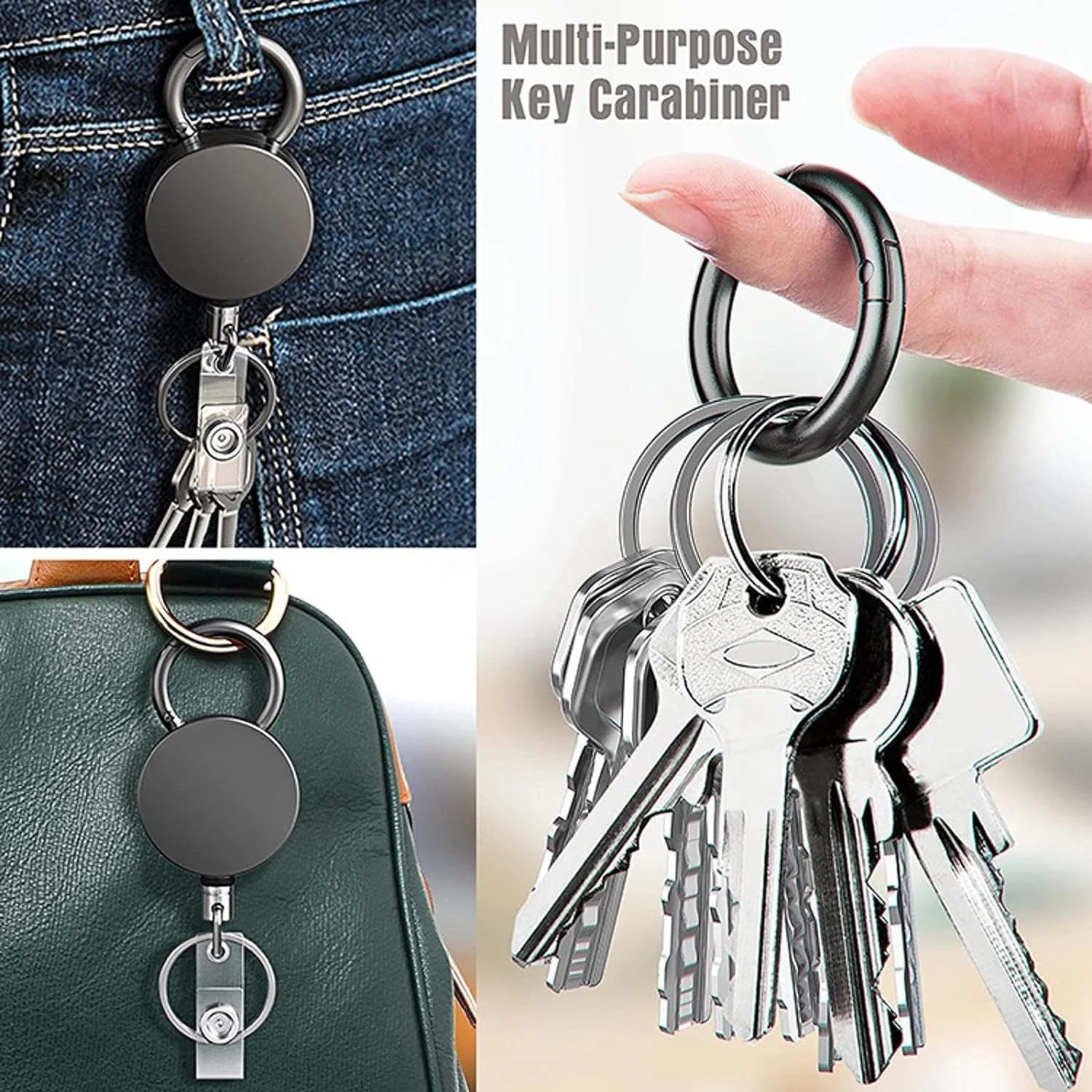 2023 2pcs Retractable Belt Clip Upgrade Retractable Badge Carabiner Key Chain with Extendable Strong Spring Lanyard Reel and Metal Split Ring