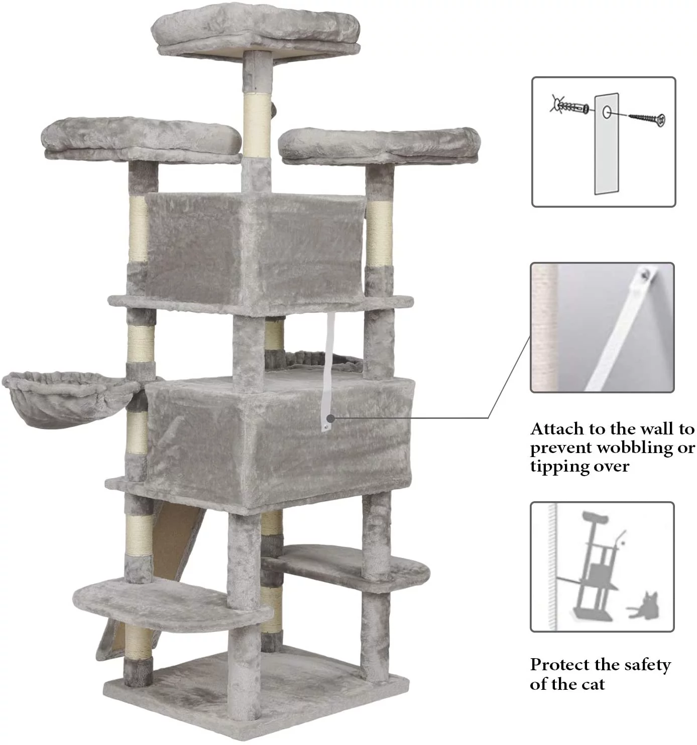 Allewie Grey 68 Inches Multi-Level Large Cat Tree with Cat Condo and Sisal Scratching Posts and Hammocks