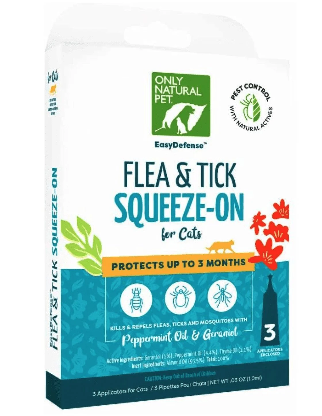 Only Natural Pet Flea and Tick Prevention for Cats - EasyDefense Flea Remedy - Natural Flea Treatment Control Squeeze-On Drops - Three Months Supply