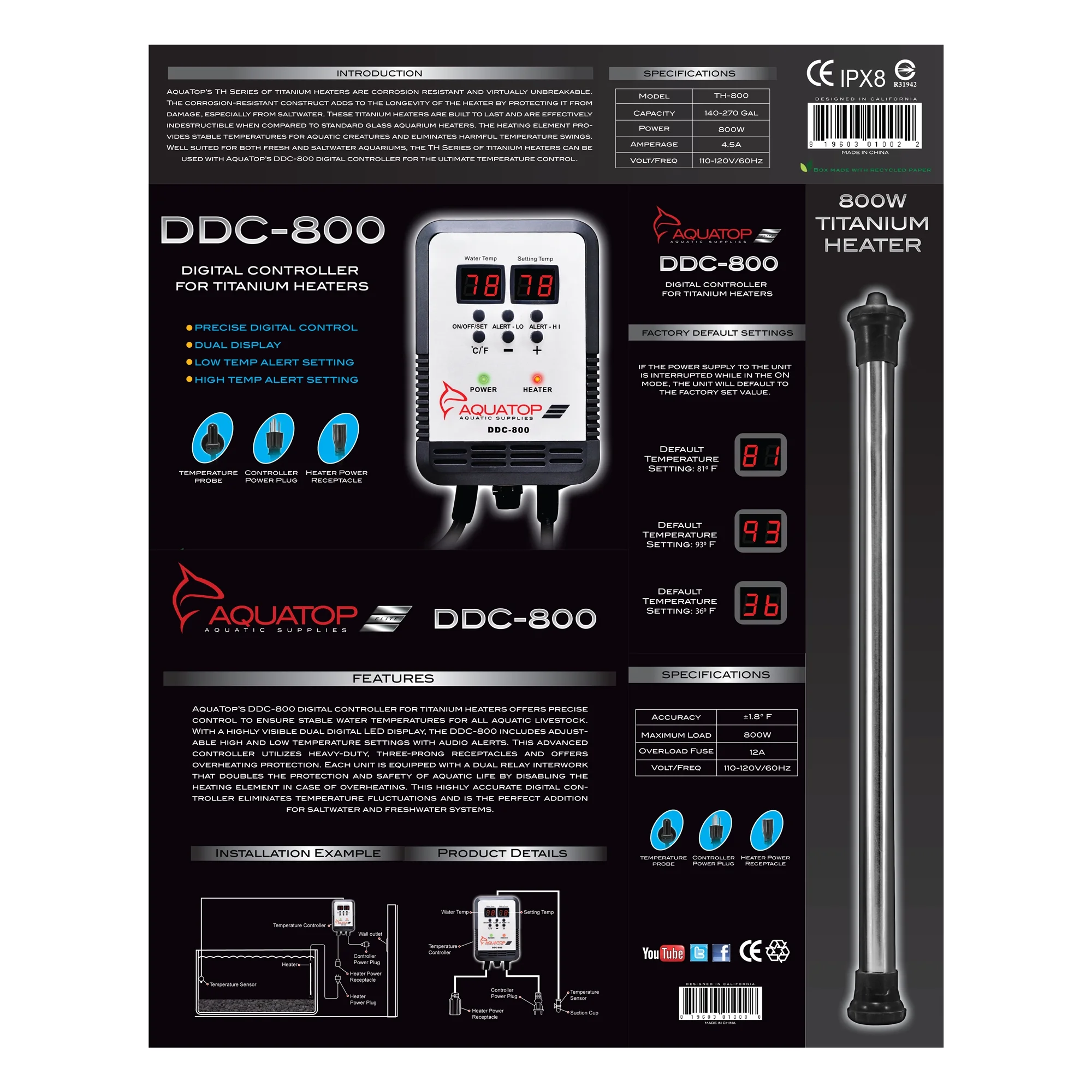 Aquatop Titanium Aquarium Heater 800W, Digital Precision Control