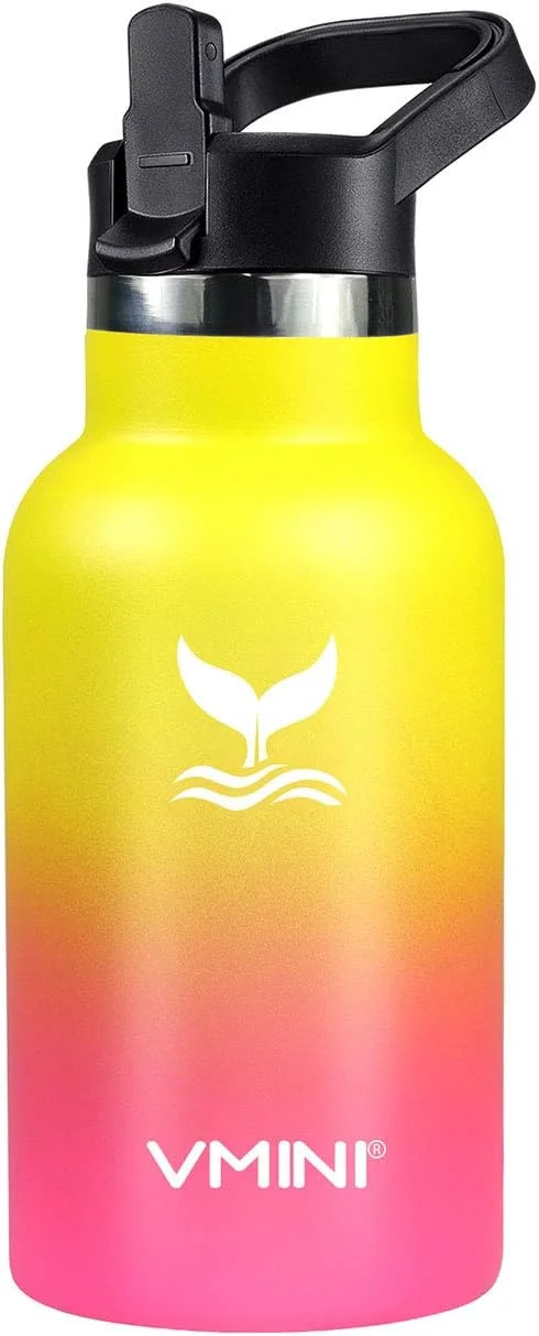 Vmini Kids Water Bottle - Insulated Water Bottle with Straw, Standard Mouth Stainless Steel & Vacuum, New Straw Lid with Wide Handle, Gradient Yellow+Pink & 12 oz