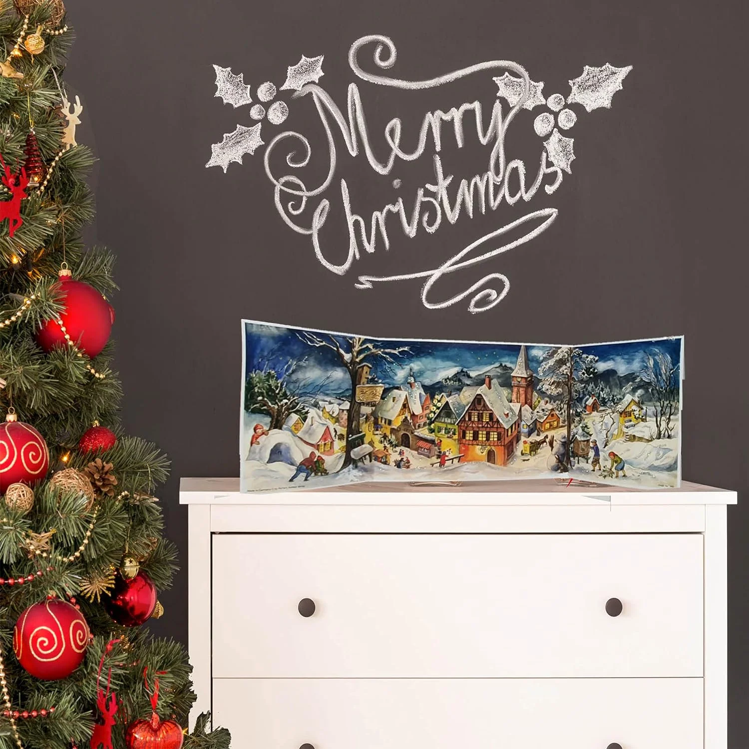 265 Calendrier De L'avent Panoramique Avec Paillettes Et Fenêtre Transparentes Motif Village Sous La Neige 213 X 650 Mm