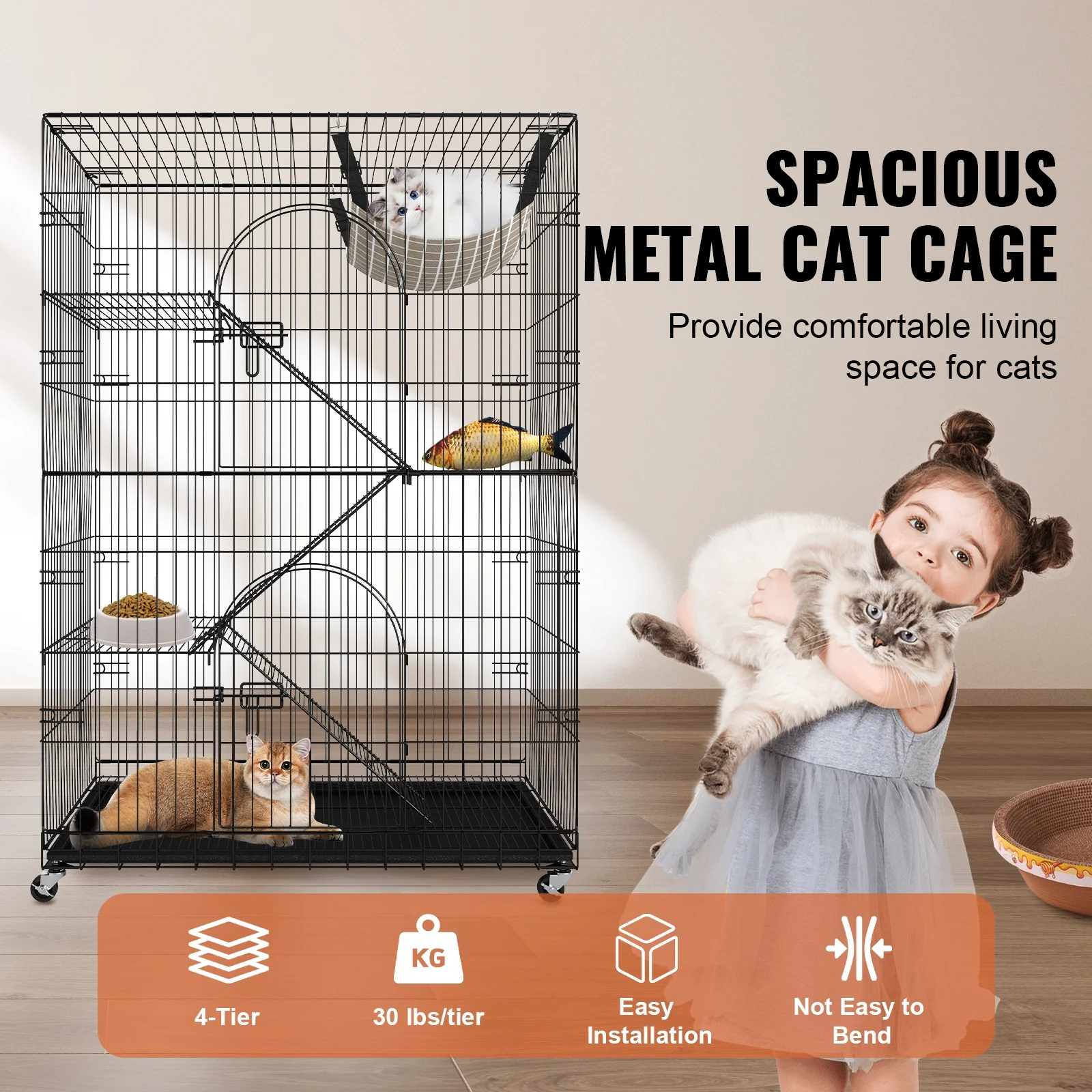 SKYSHALO Catio With 3 Ladders and a Hammock for 1-3 Cats, 35.4x23.6x51 inch 4-Tier Large Cat Cages Indoor, Detachable Metal Playpen Enclosure with 360° Rotating Casters