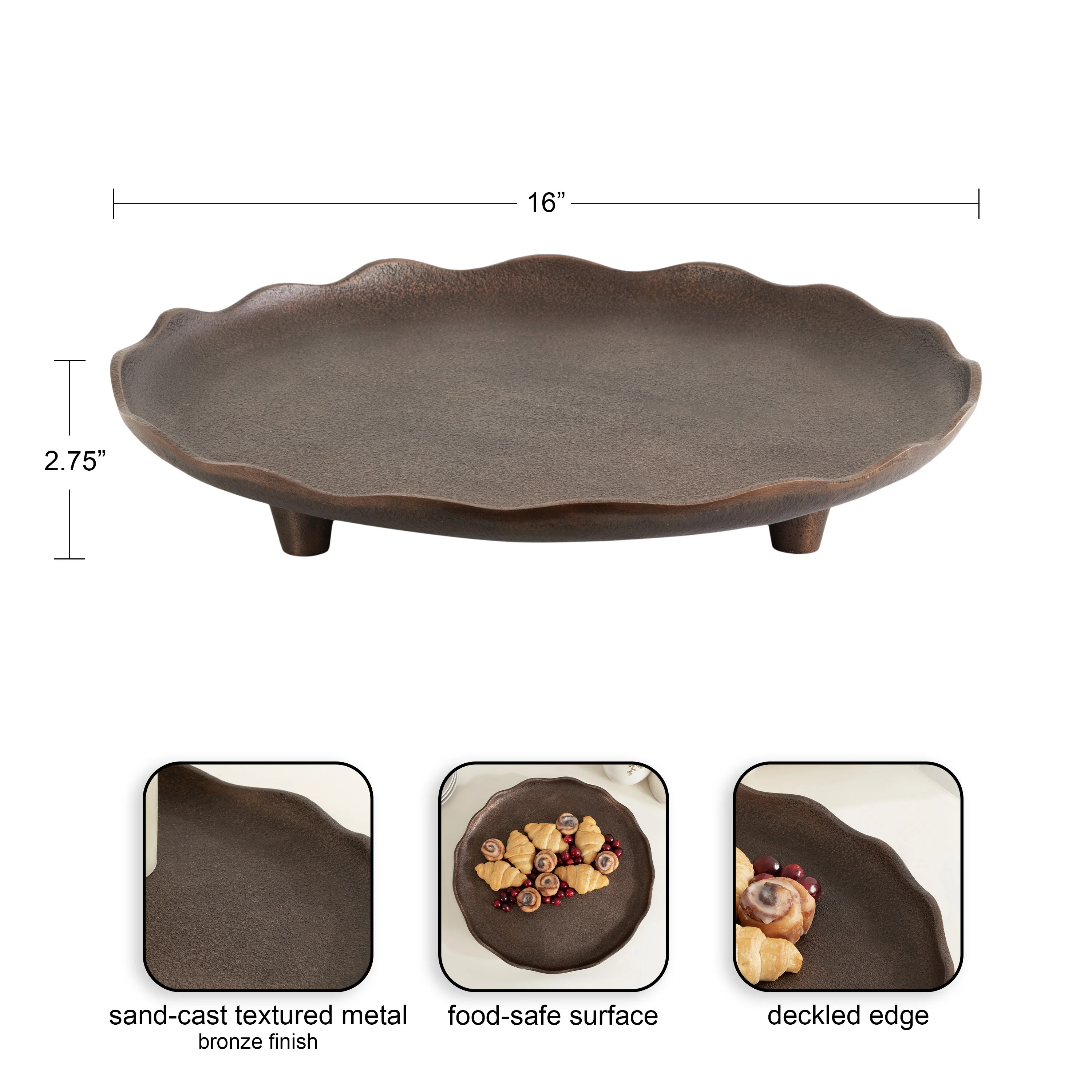 Kate and Laurel Alessia Modern Decorative Scalloped Round Footed Metal Tray, 16 Inch Diameter, Bronze, Transitional Food-Safe Cast Aluminum Pedestal Tray with Rough Texture and Deckled Edge