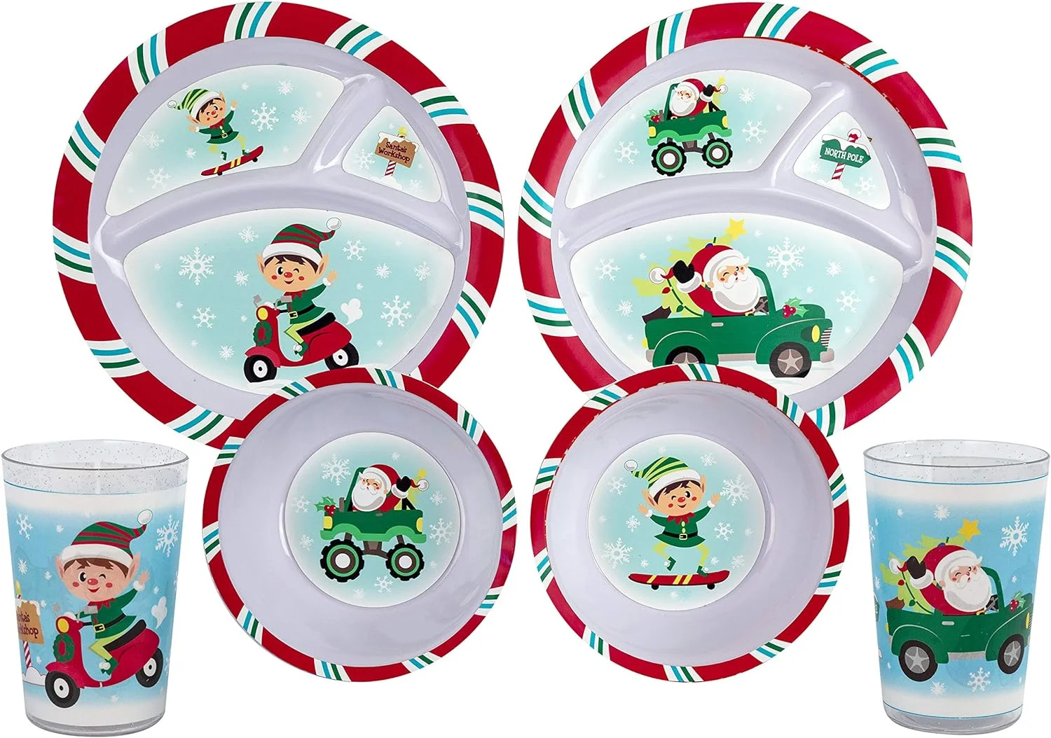 Christmas Holiday Santa & Melamine 3 Section Plates & Bowls With s (2 Plates, 2 Bowls & 2 s)