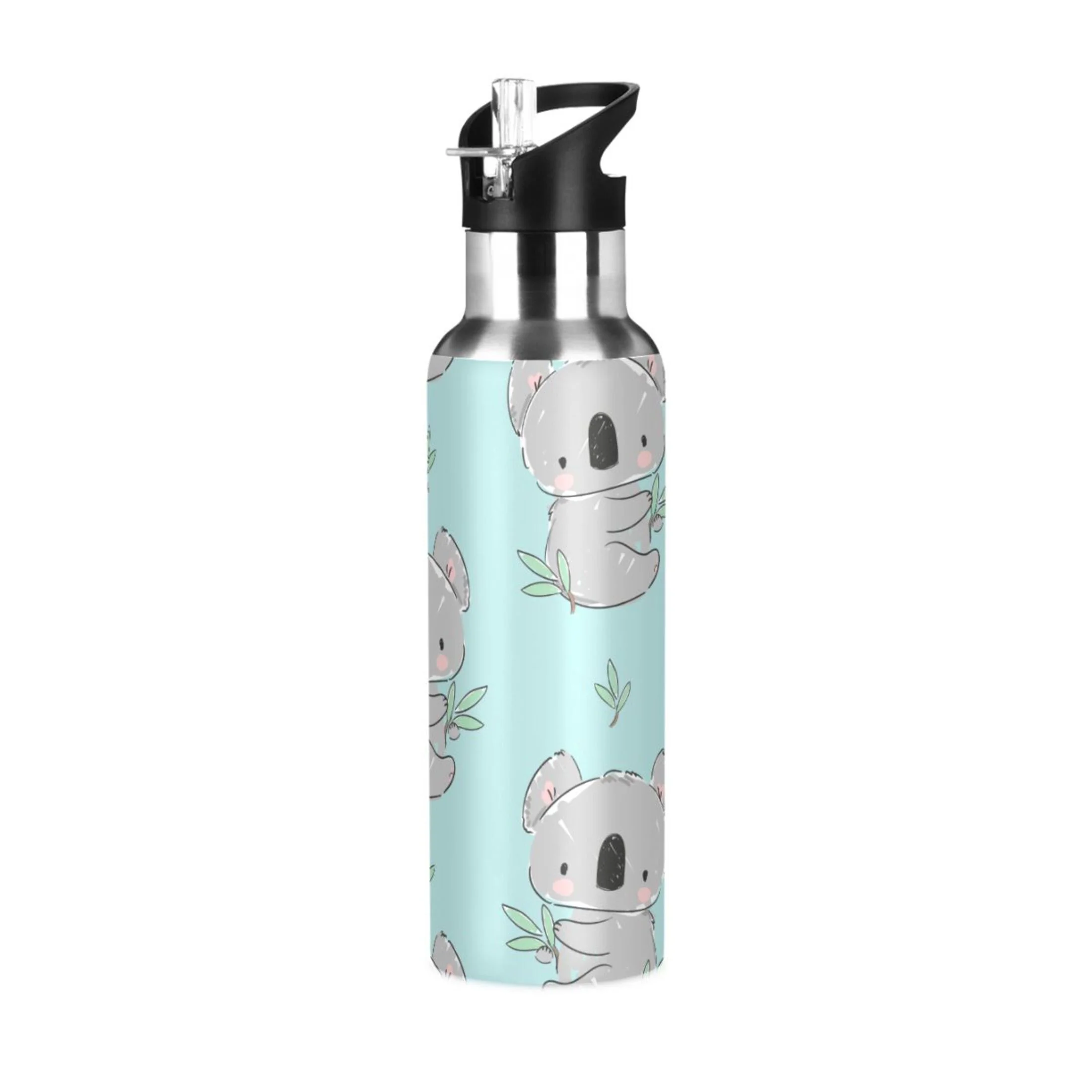 Stainless Steel Water Bottle Cute Koala Leaves Green with Straw Lid Vacuum Insulated Leak Proof Flask Jug for Gym Travel Sports Cycling Outdoor 20 OZ