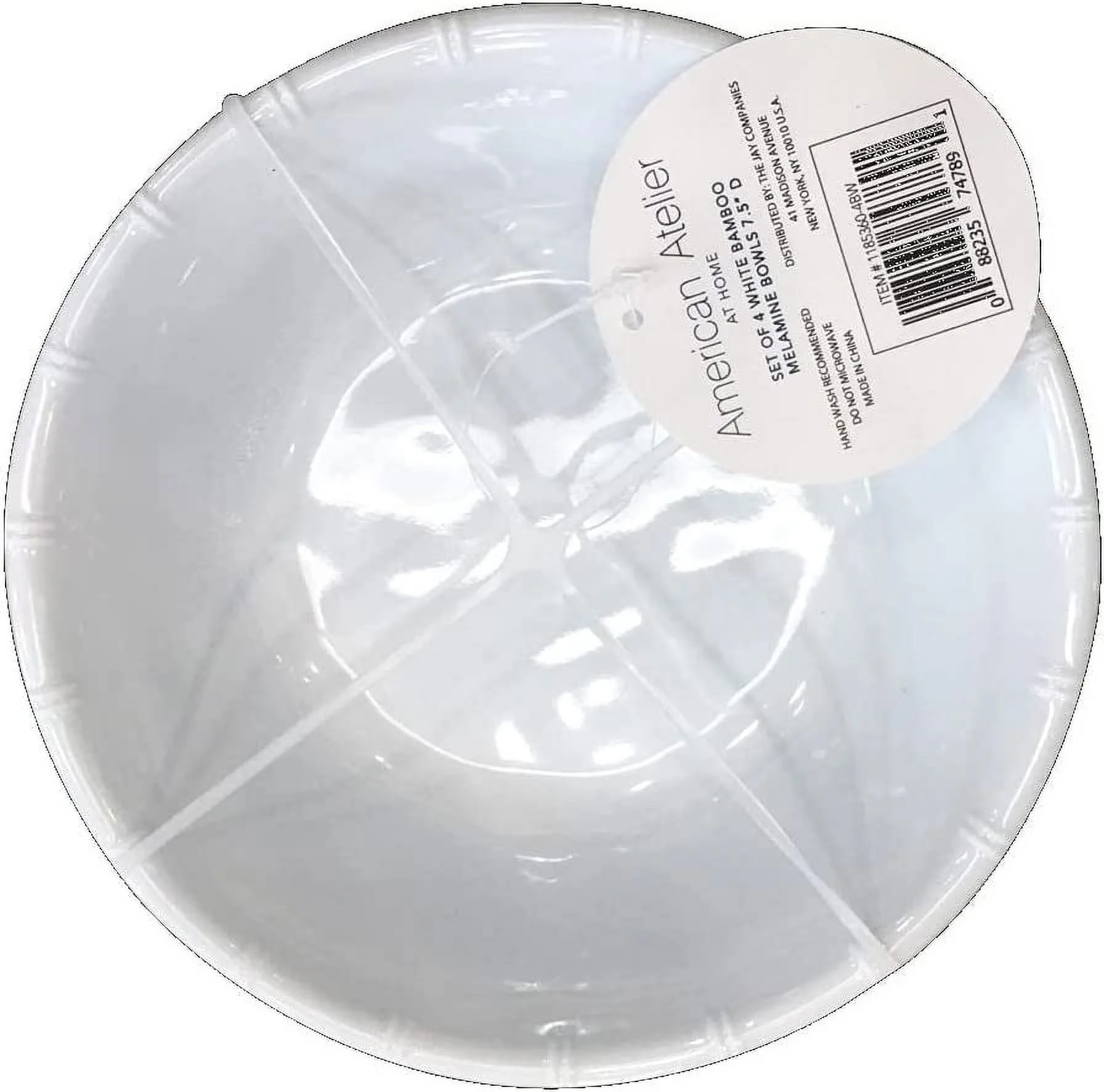 American Atelier White Bamboo Edge Design Melamine Bowls, 7.5-Inch, Break Resistant and Lightweight, Set of 4