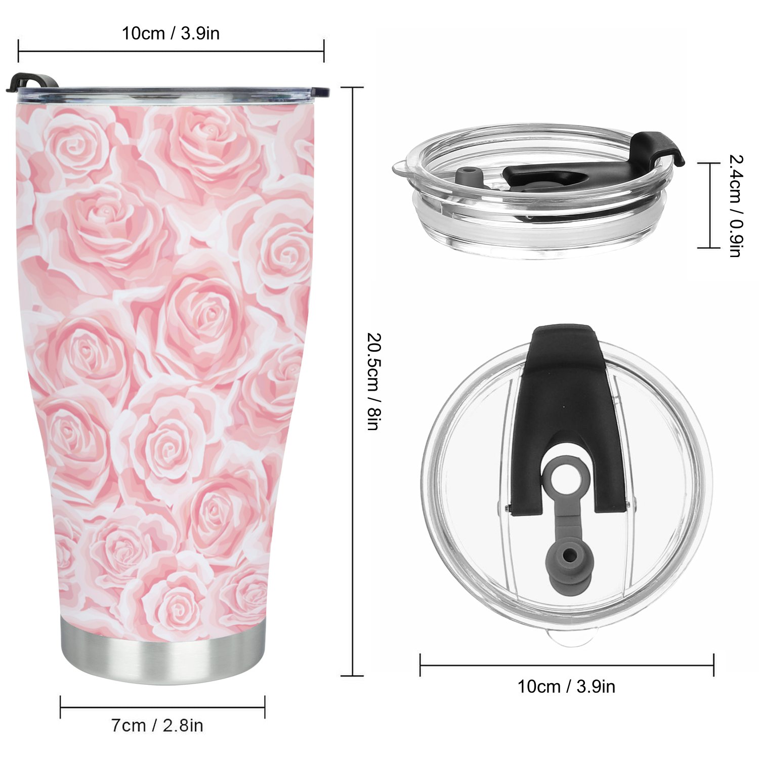 Hidove Stainless Steel Tumbler, Cream Pink Rose Flower Seamless Pattern 30oz Leak Proof & Stainless Steel Bottle for Hot & Cold Drinks - Coffee Travel Mug, Water Metal Canteen, Thermal Cup