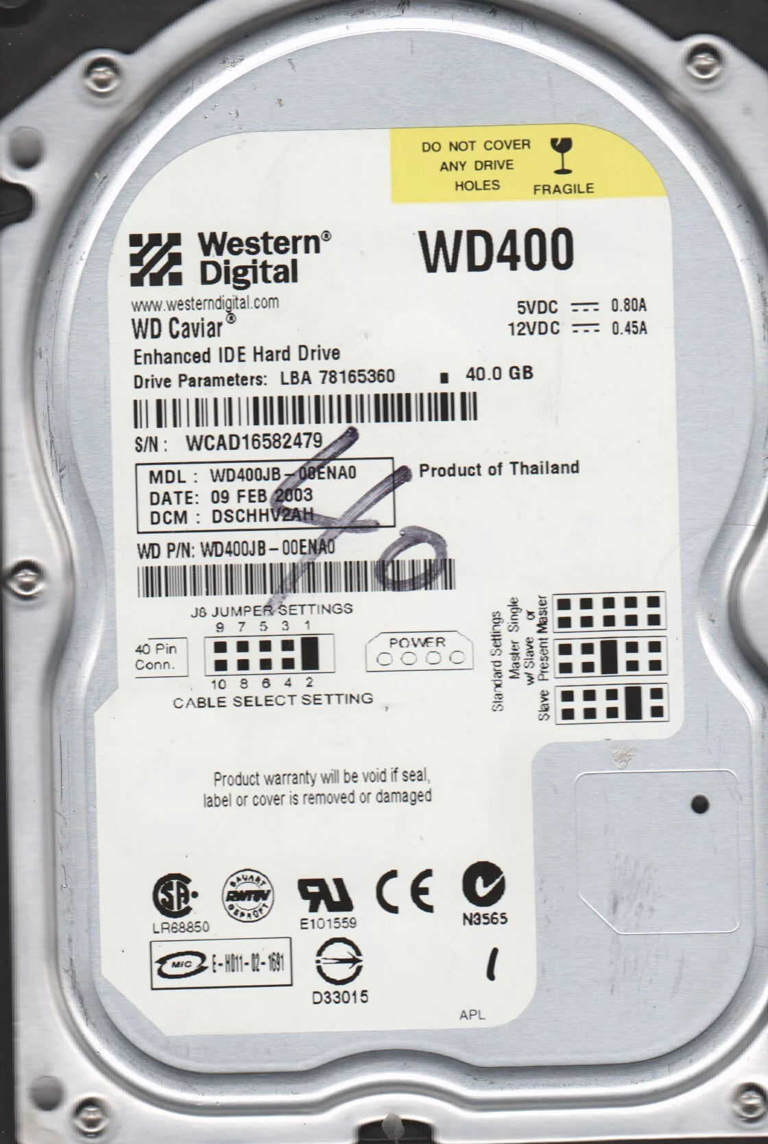 WD400JB-00ENA0, DCM DSCHHV2AH, Western Digital 40GB IDE 3.5 Hard Drive