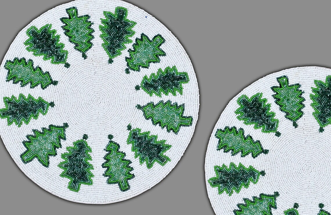 Set of 6 Handmade Placemats, Beaded Christmas Tablemats, Designer X-mass Tableware 13X13 Inch